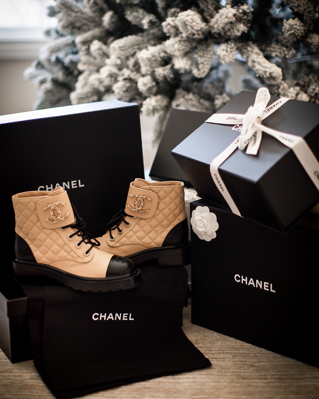 Chanel Combat Boots - Beige/Black, New In Box
