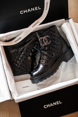 Chanel Brave Leather Quilted Combat Boots - Patent Black, New In Box