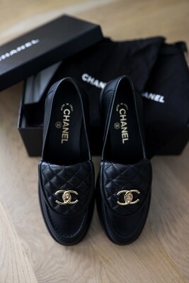 Chanel Lambskin Quilted CC Turnlock Tab Loafers Black