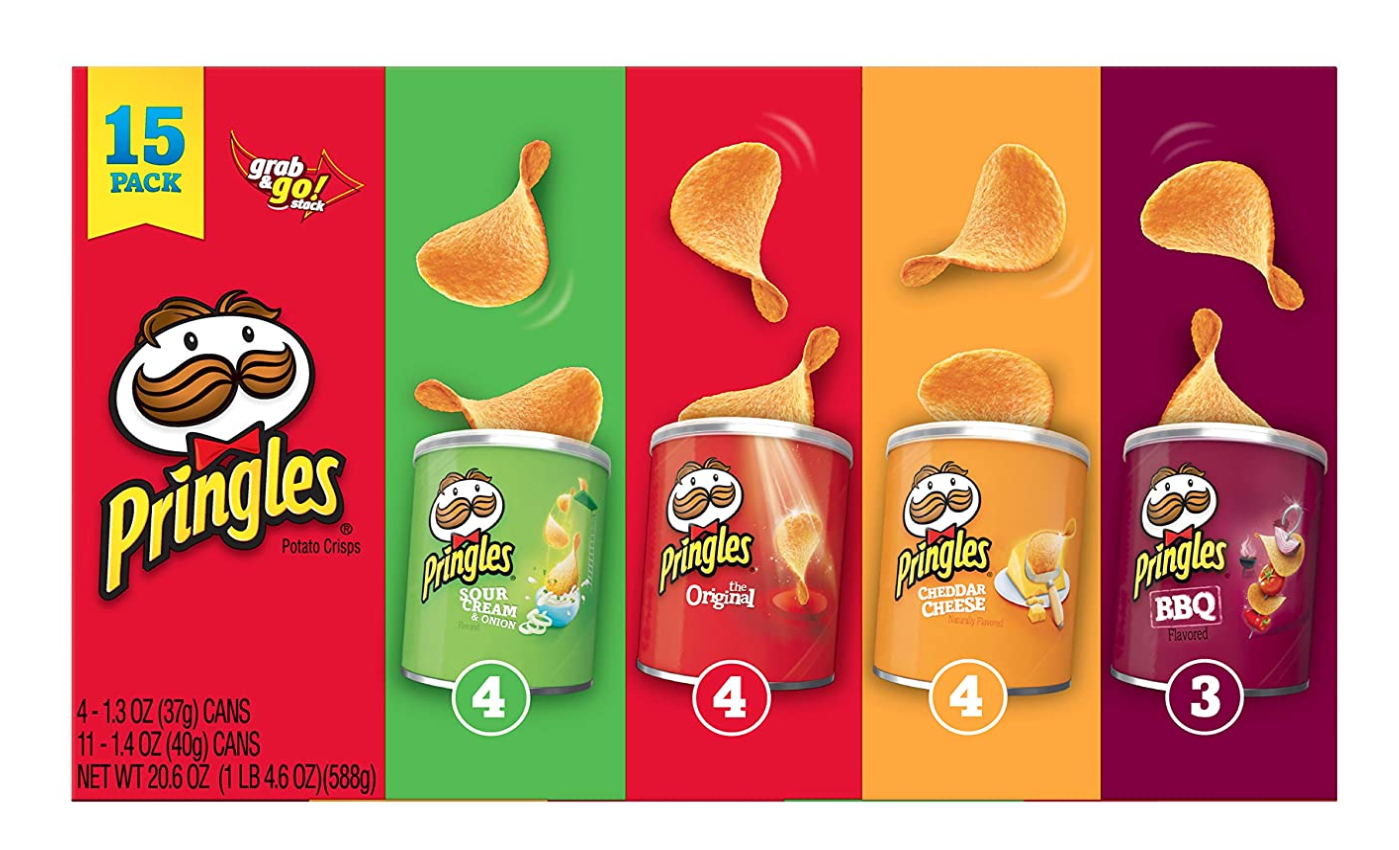 Pringles Potato Crisps Chips, Flavored Variety Pack Original, Cheddar Cheese, Sour Cream and Onion, BBQ, 20.6 oz (15 Cans)