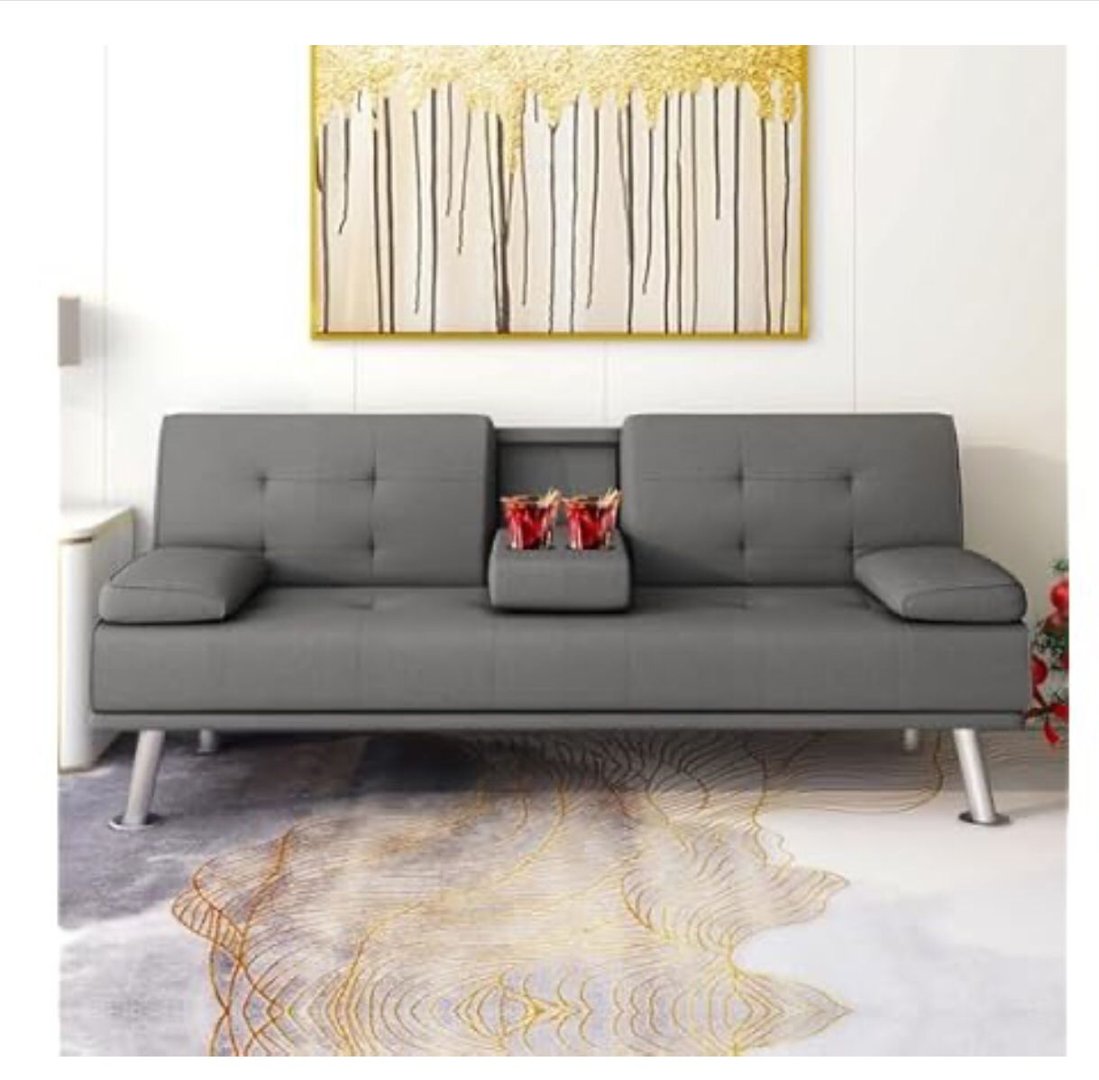 Futon Sofa Bed w/ Cup Holders &amp; Pillows