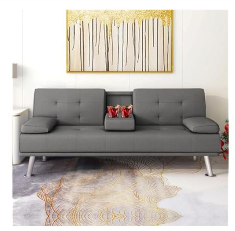 Futon Sofa Bed w/ Cup Holders &amp; Pillows