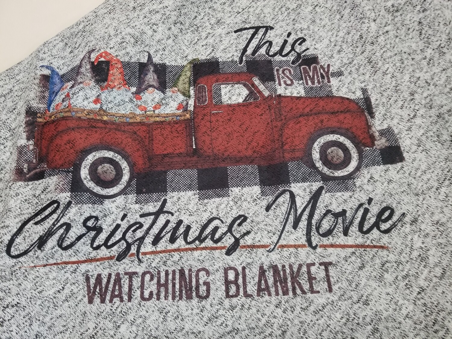 Gnome Christmas Movie Watching Blanket Grey Sweater Fleece Buffalo Plaid Truck Farmhouse Christmas