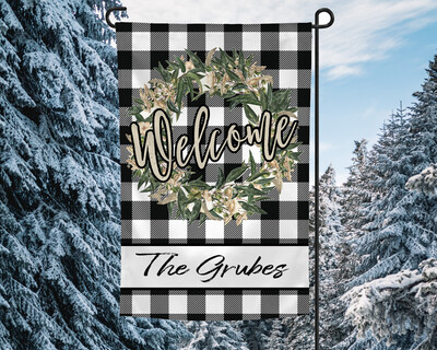Personalized Welcome Black & White Check Garden Flag
