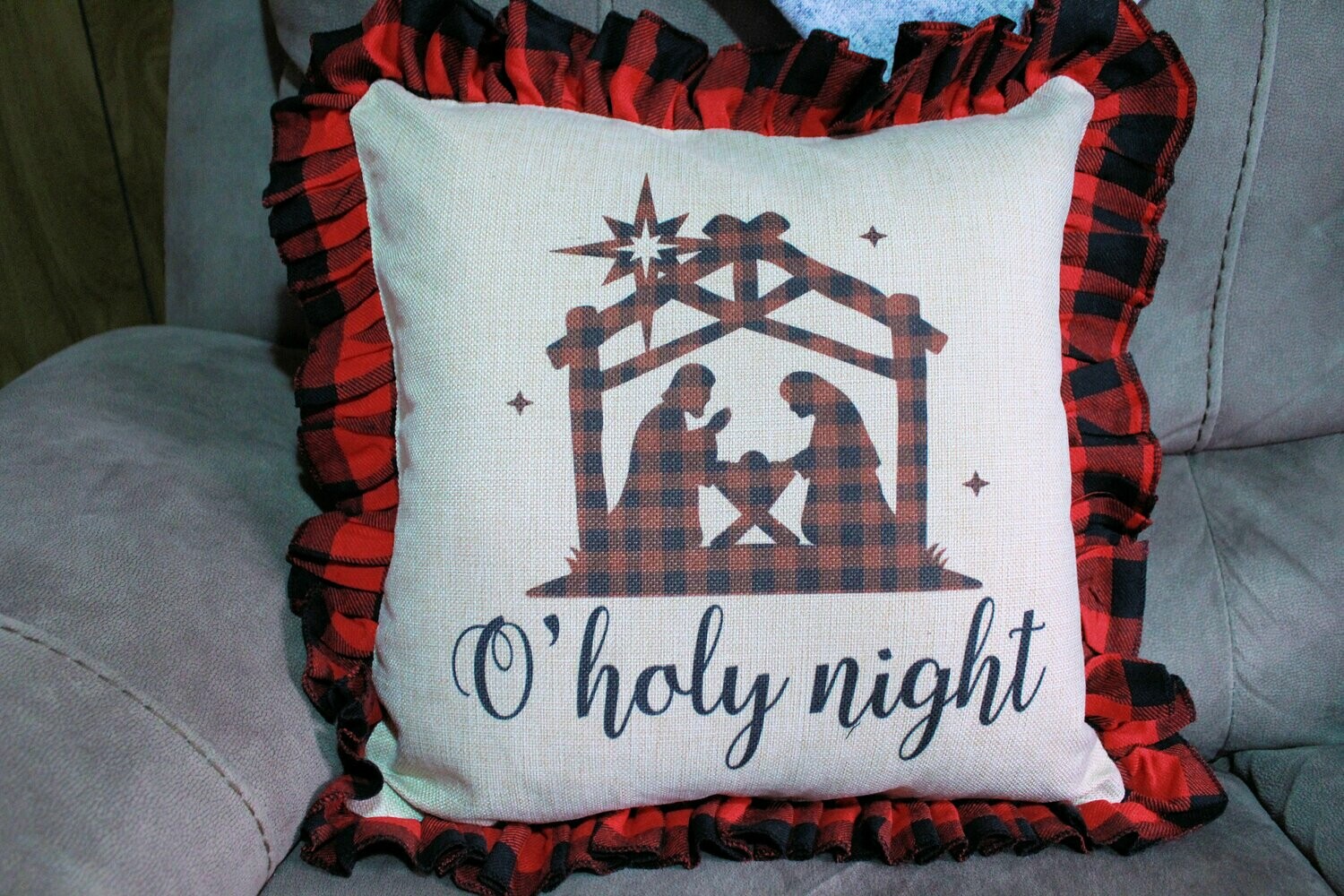O' Holy Night Buffalo Plaid Ruffle Burlap/Linen Pillow Cover