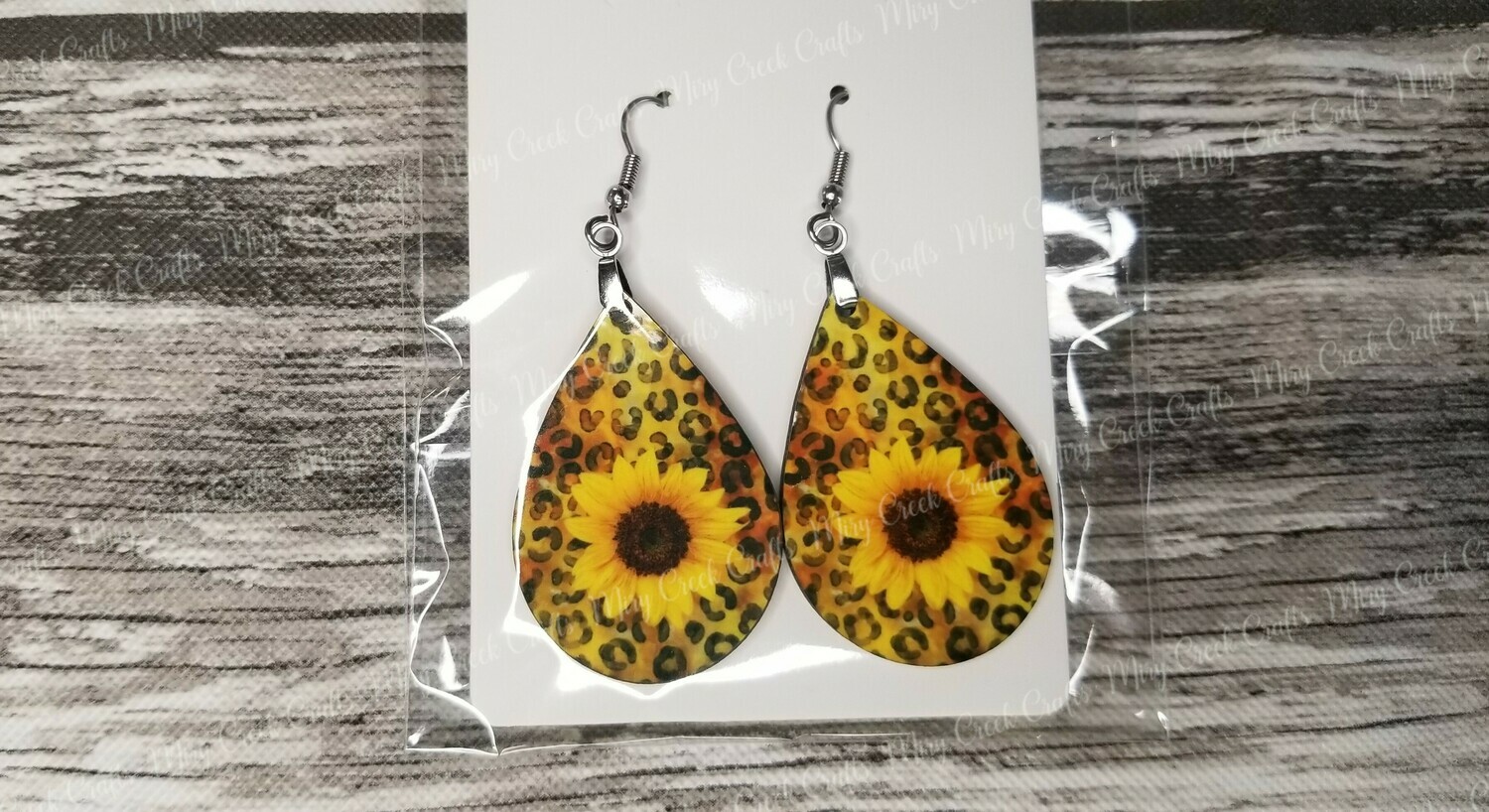 Small Sunflower & Leopard Teardrop Earrings