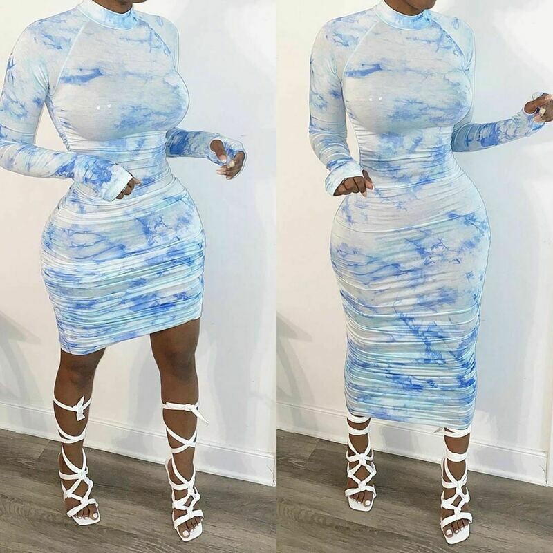 Tie-dye Drawstring Blue Knee Length Dress（Can be long or short)