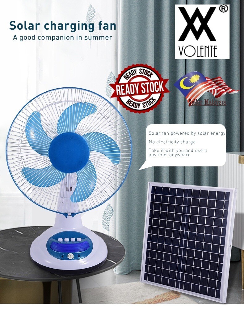 ​15W SOLAR PORTABLE STAND FAN 12" BLADE WITH SMALL LIGHTING AND 3 SPEED
