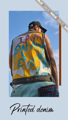 Cut sleeves hand printed denim