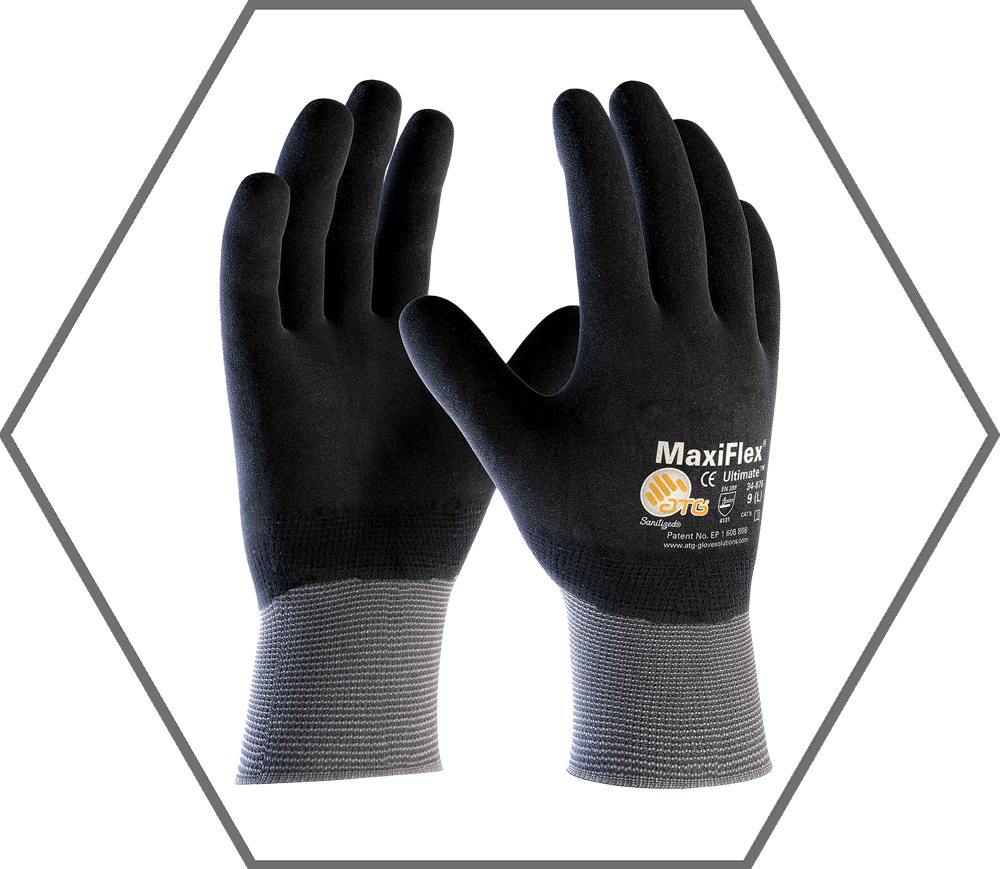 Med Maxiflex Ultimate Full Coat Black MicroFoam Nitrile 15ga Gray Nylon Shell Knit Wrist Glove
