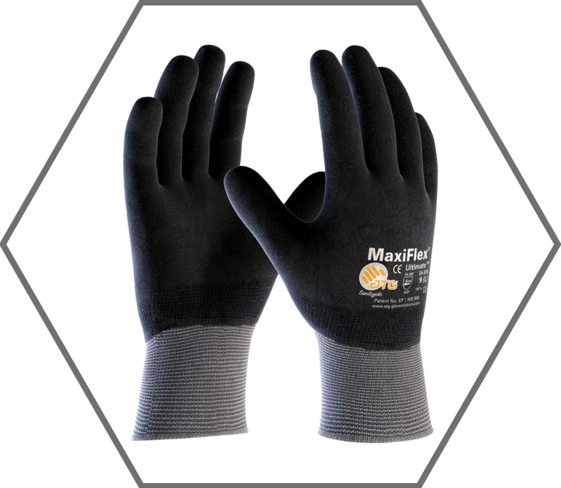 Med Maxiflex Ultimate Full Coat Black MicroFoam Nitrile 15ga Gray Nylon Shell Knit Wrist Glove