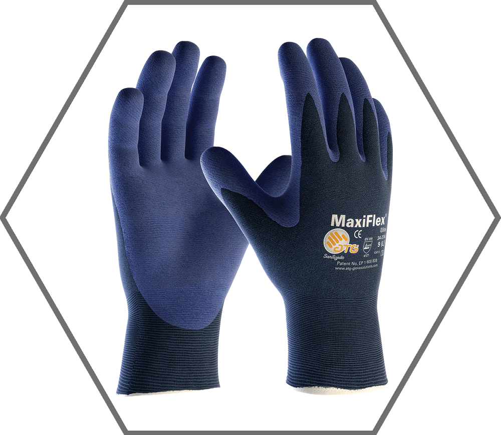 Med Maxiflex Elite Coat Blue MicroFoam Nitrile on Palm & Fingers 18ga Seamless Knit Nylon Wrist Glove