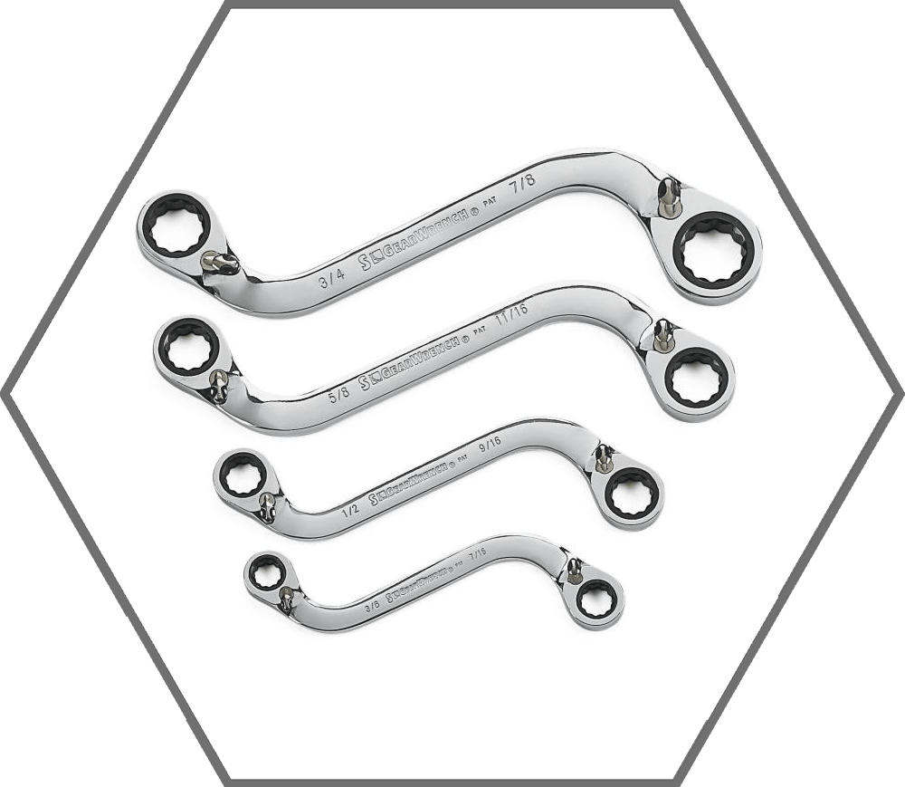 4pc 3/8"-7/8" 12pt GearWrench S-Shaped Double Box SAE Reversible Ratcheting Wrench Set