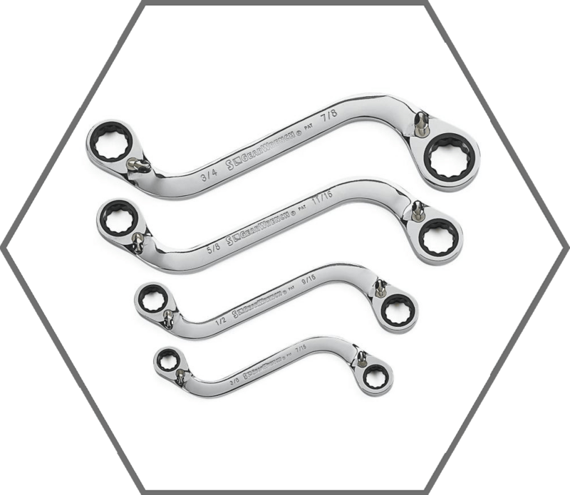 4pc 3/8"-7/8" 12pt GearWrench S-Shaped Double Box SAE Reversible Ratcheting Wrench Set