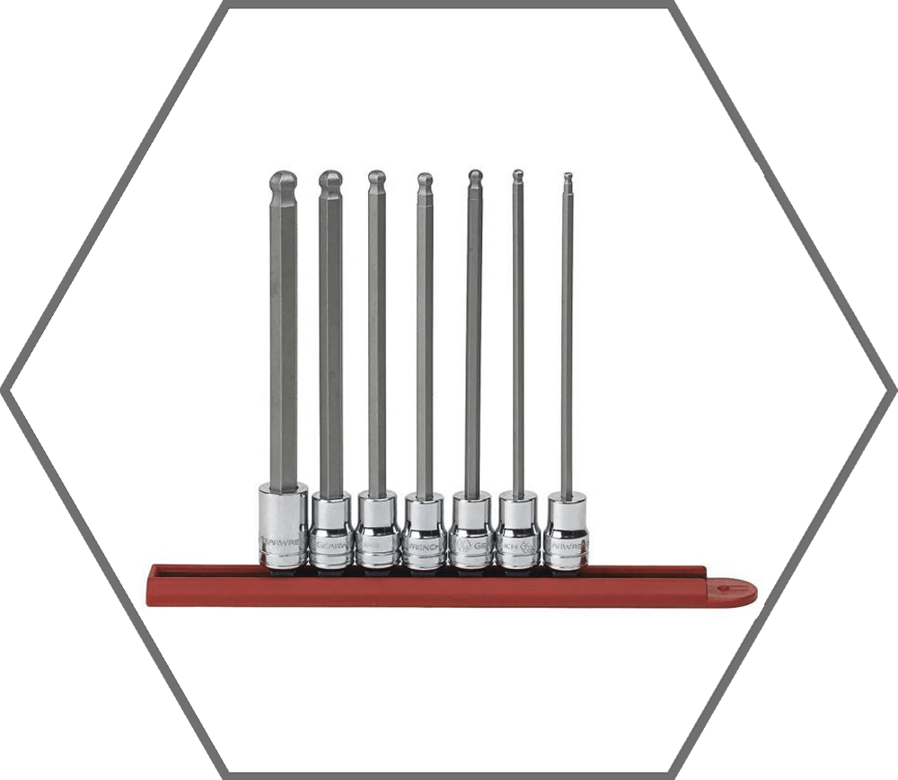 7pc 3/8" Drive 1/8"-3/16" GearWrench Chrome Finish Long Ball End Hex Bit SAE Socket Set