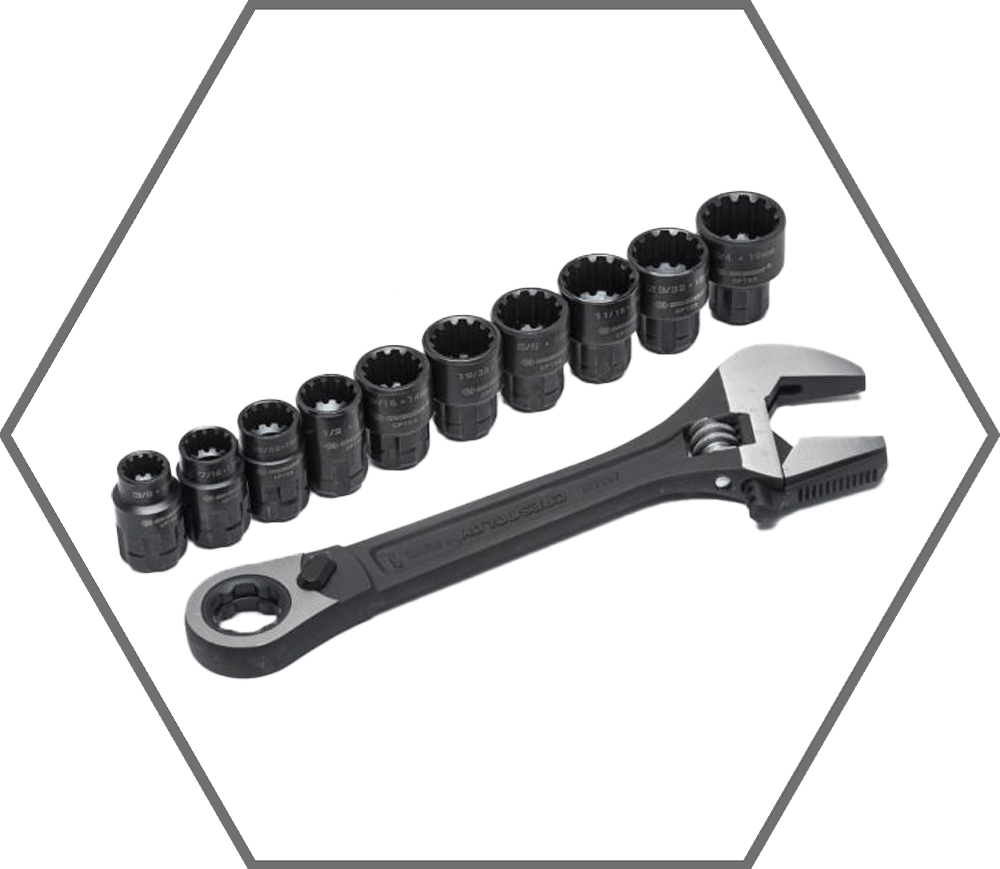 11pc 8" Crescent Pass-Thru X6 Black Oxide Adjustable Wrench and SAE/Metric Spline Socket Set