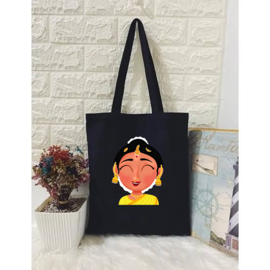 CUSTOMIZED TOTE BAGS - 11&quot; X 12&quot; INCHES HASTA AND NAVARASA THEME, ARTWORK: HASYA, COLOR: BLACK