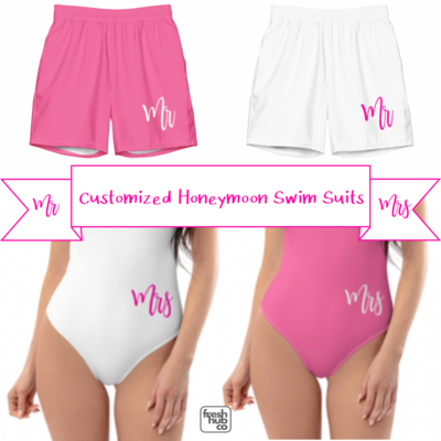 Honeymoon Couples Matching Swimsuits.  Mr and Mrs One-Piece Swimsuit &amp; Swim Shorts.