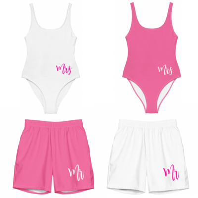 Honeymoon Couples Matching Swimsuits.  Mr and Mrs One-Piece Swimsuit &amp; Swim Shorts.