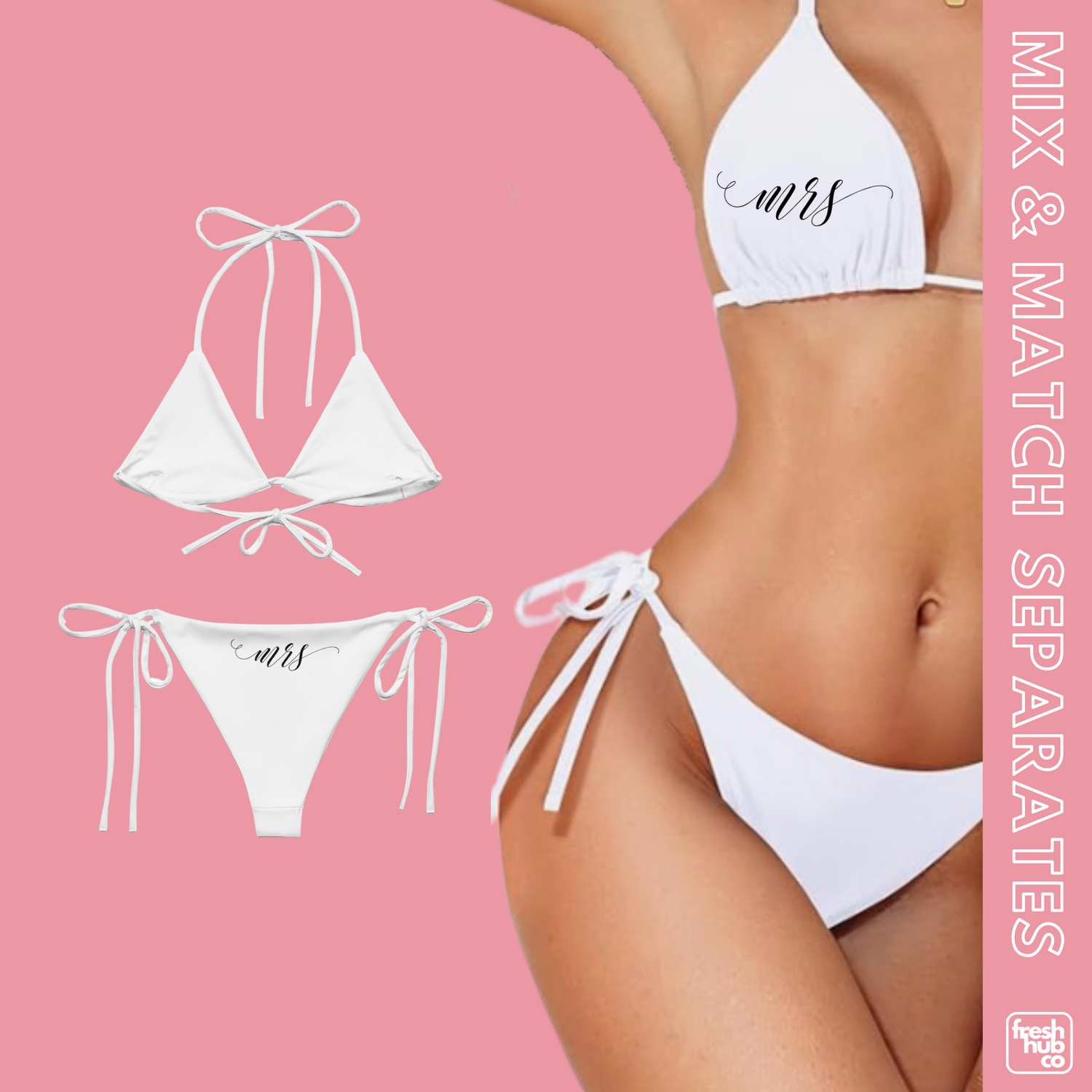 Mrs Bikini Separates. Honeymoon Bride Mix and Match Black or White String Bikini Bottom &amp; Top