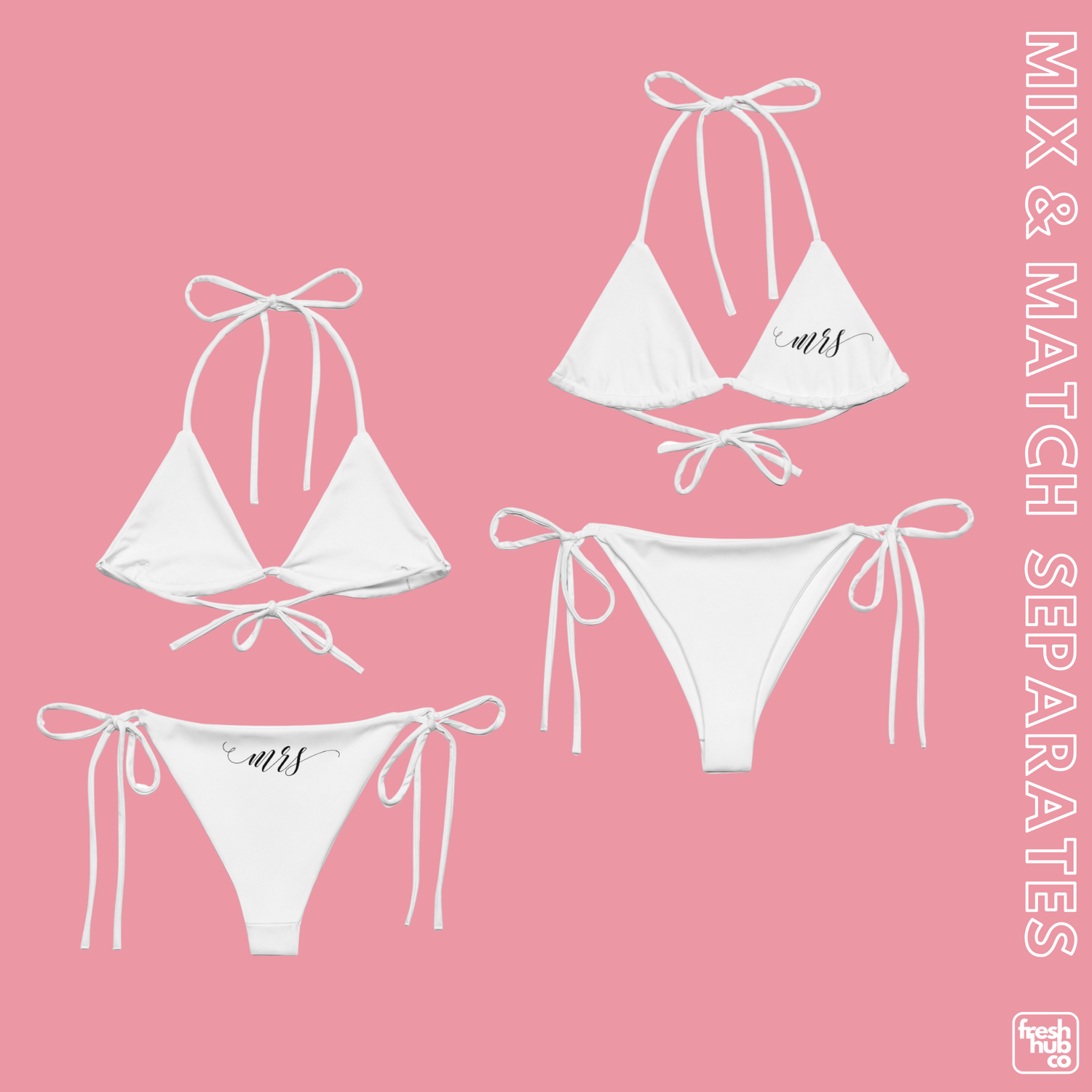 Mrs Bikini Separates. Honeymoon Bride Mix and Match Black or White String Bikini Bottom &amp; Top
