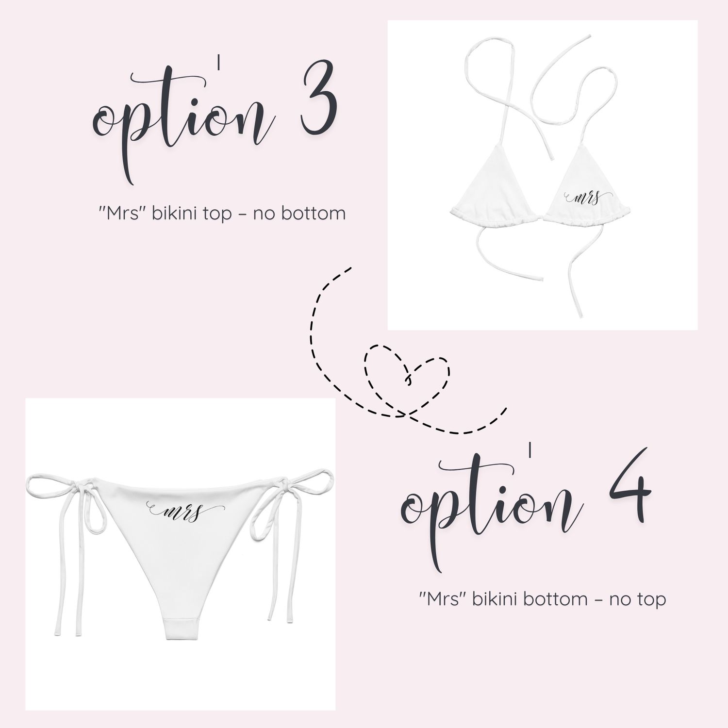 Mrs Bikini Separates. Honeymoon Bride Mix and Match Black or White String Bikini Bottom &amp; Top