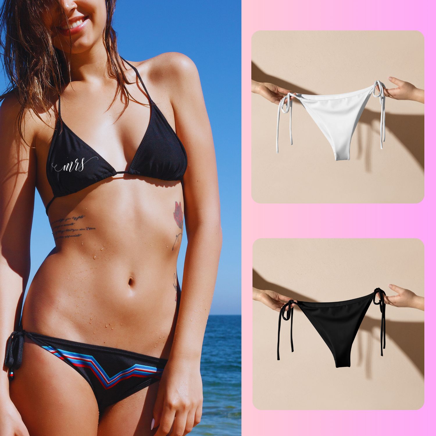 Mrs Bikini Separates. Honeymoon Bride Mix and Match Black or White String Bikini Bottom &amp; Top