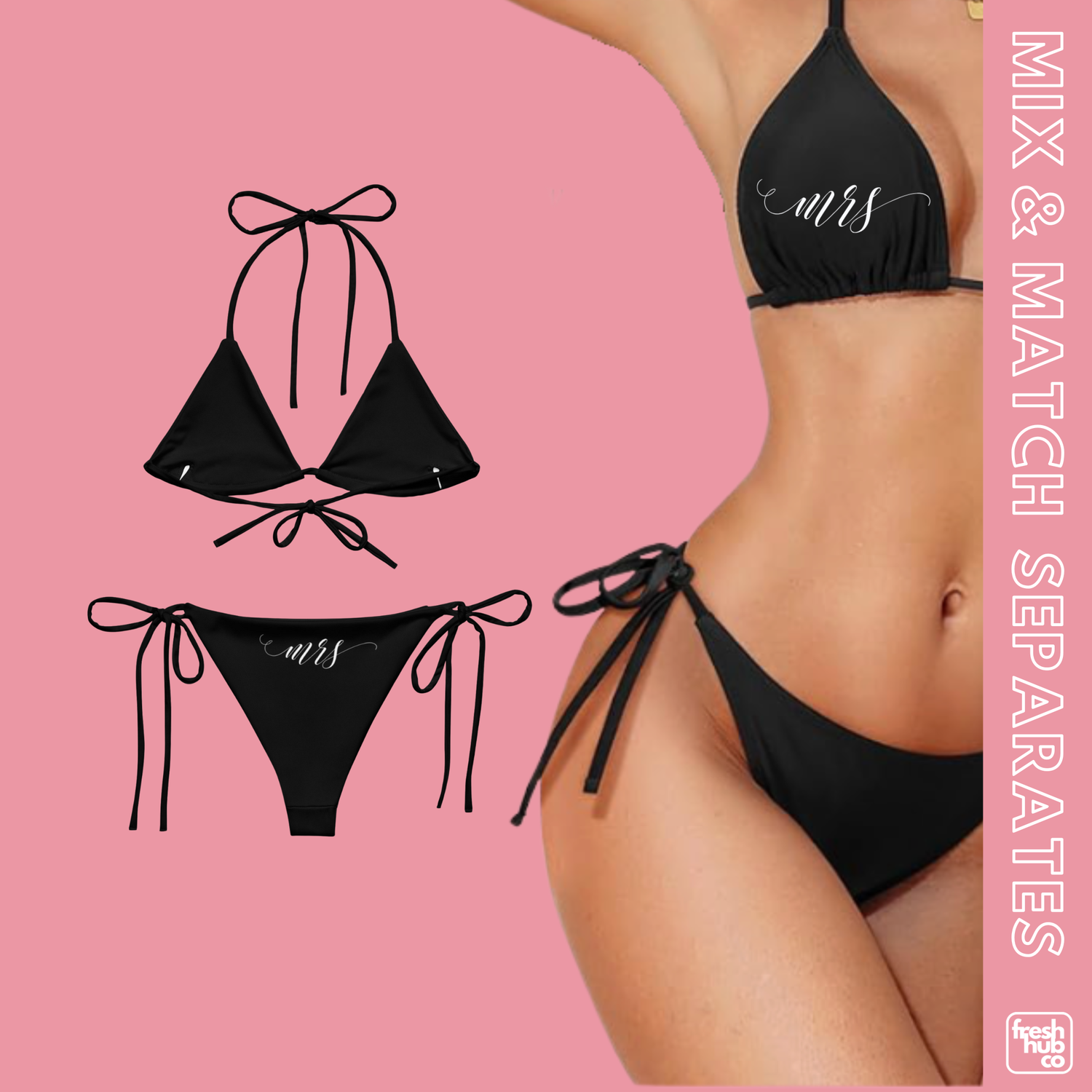 Mrs Bikini Separates. Honeymoon Bride Mix and Match Black or White String Bikini Bottom &amp; Top