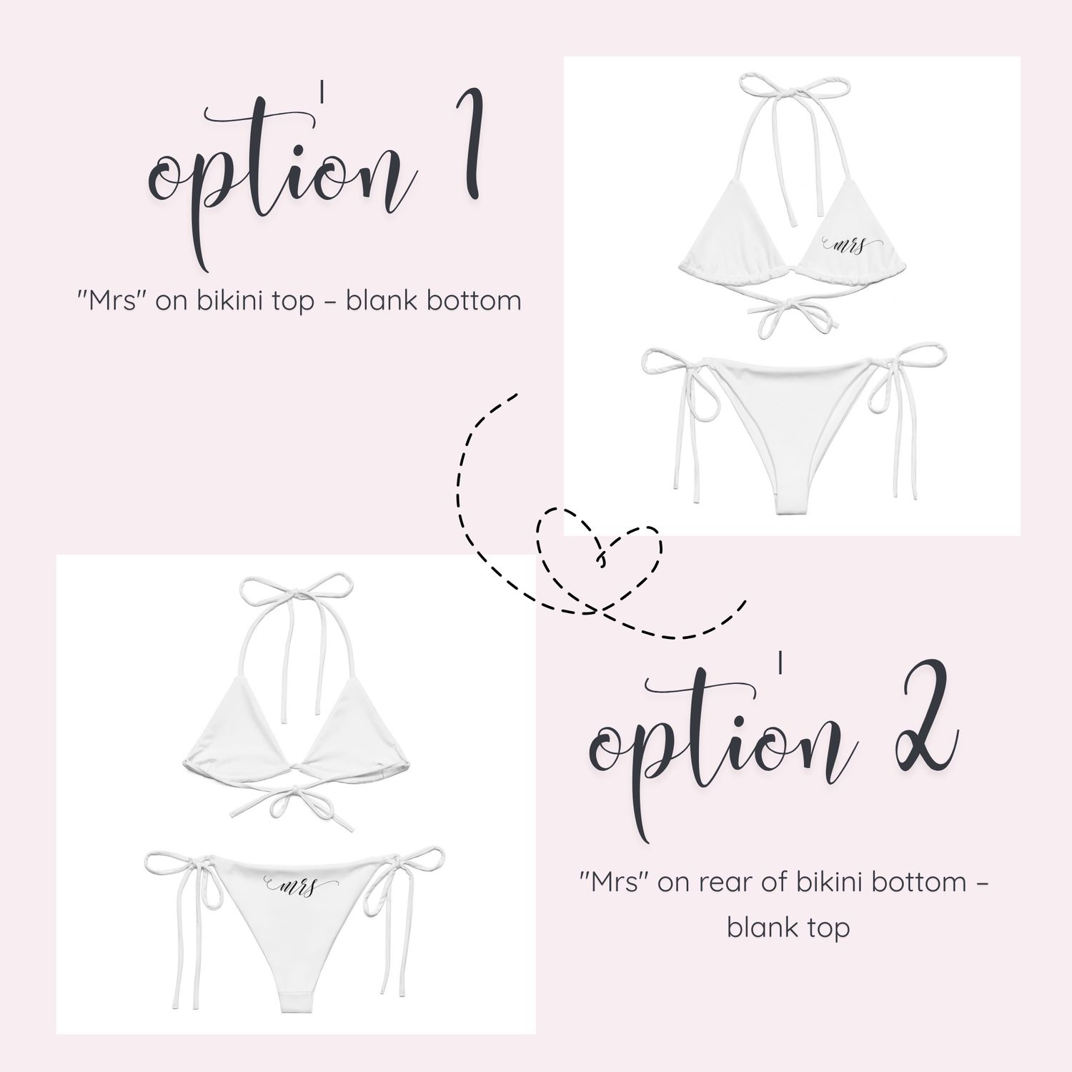 Mrs Bikini Separates. Honeymoon Bride Mix and Match Black or White String Bikini Bottom &amp; Top