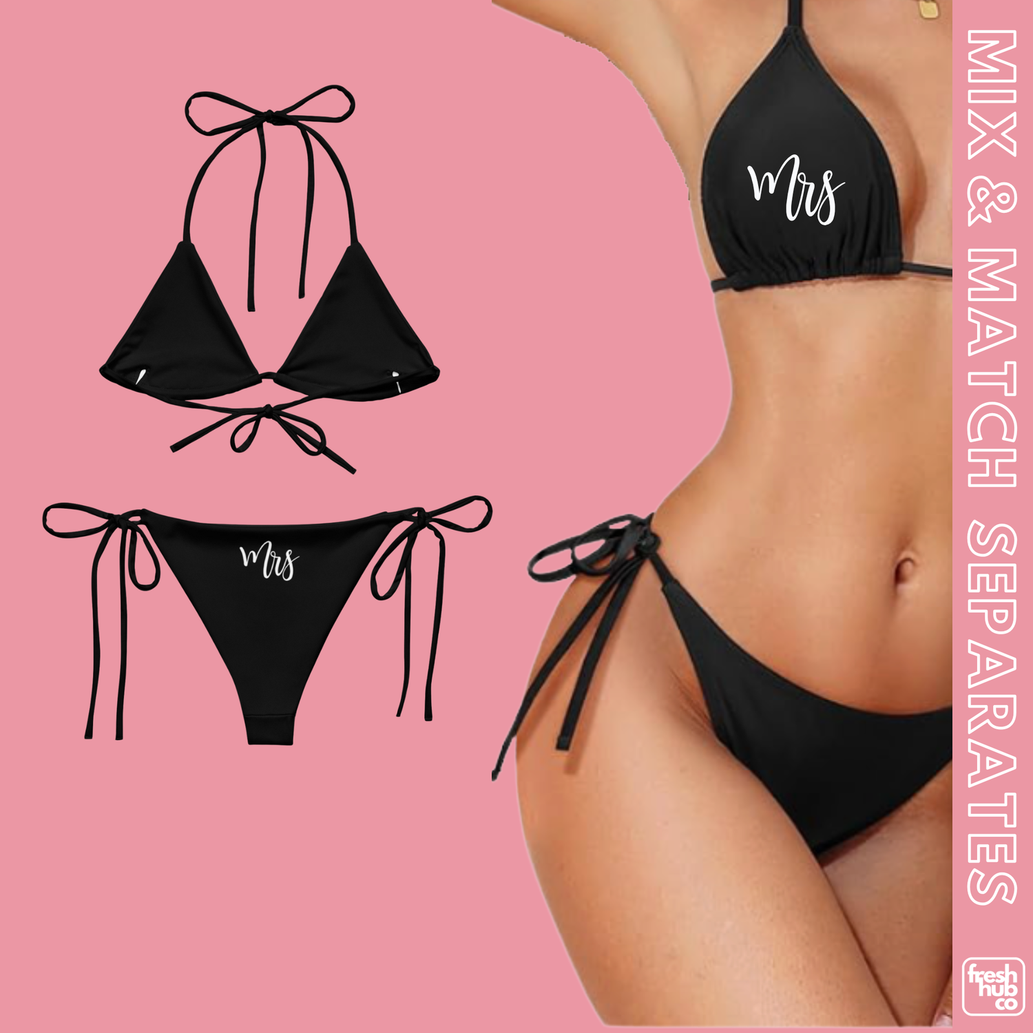 Mrs Bikini Separates. Honeymoon Bride Mix and Match Black or White String Bikini Bottom &amp; Top
