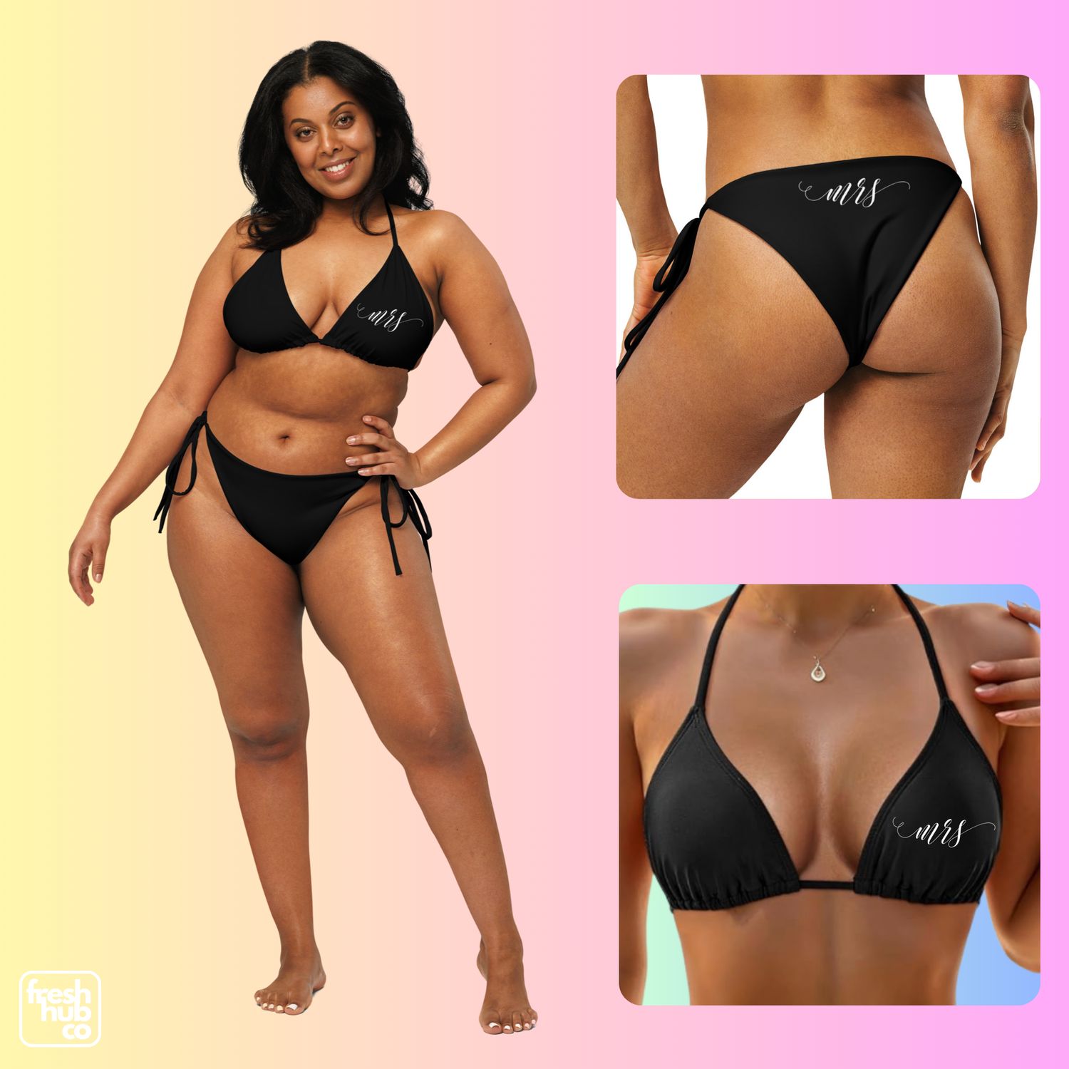 Mrs Bikini Separates. Honeymoon Bride Mix and Match Black or White String Bikini Bottom &amp; Top