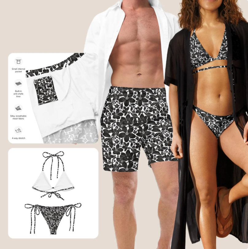 Romantic His and Hers Tropical Swimsuits