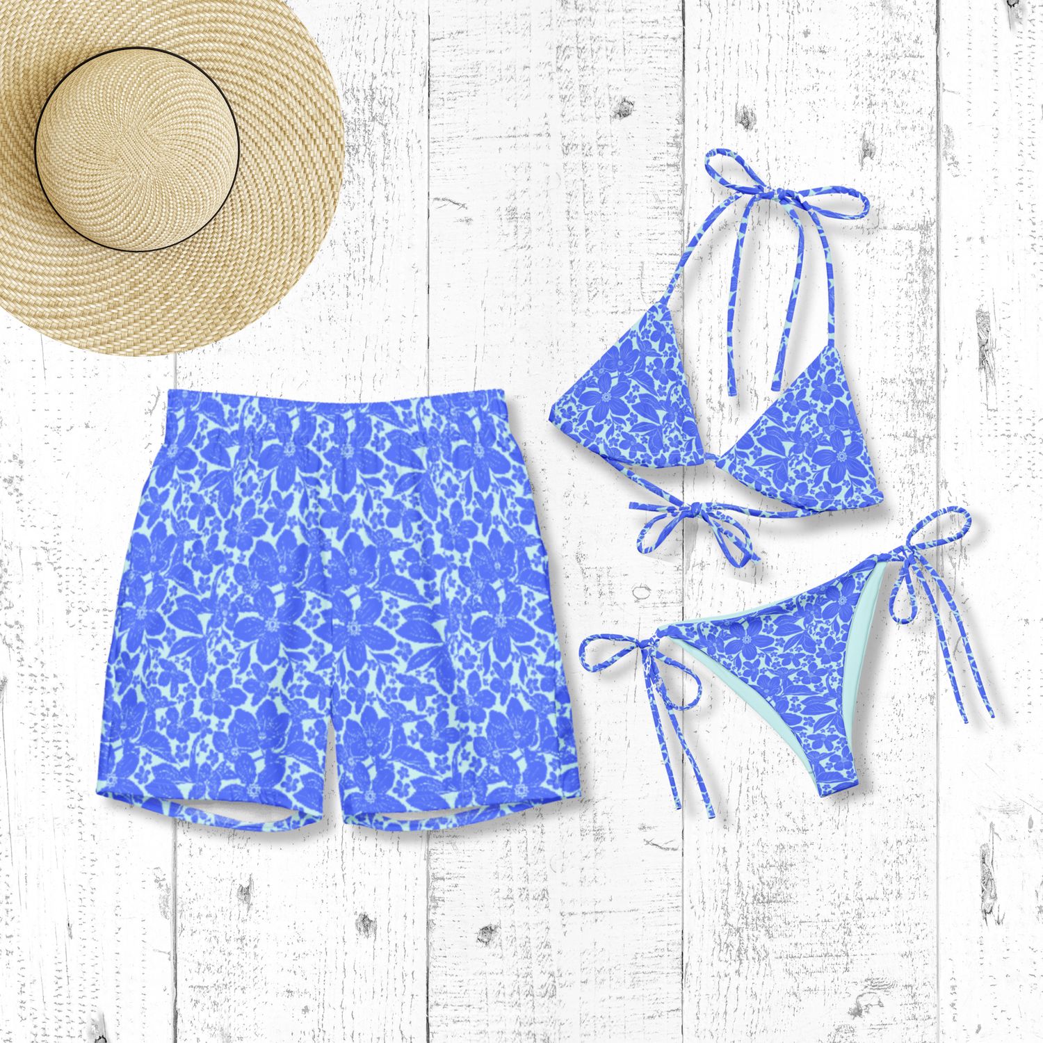 His and Hers Tropical Swimsuits - Matching Couples Vacation Bathing Suits for Honeymoon.