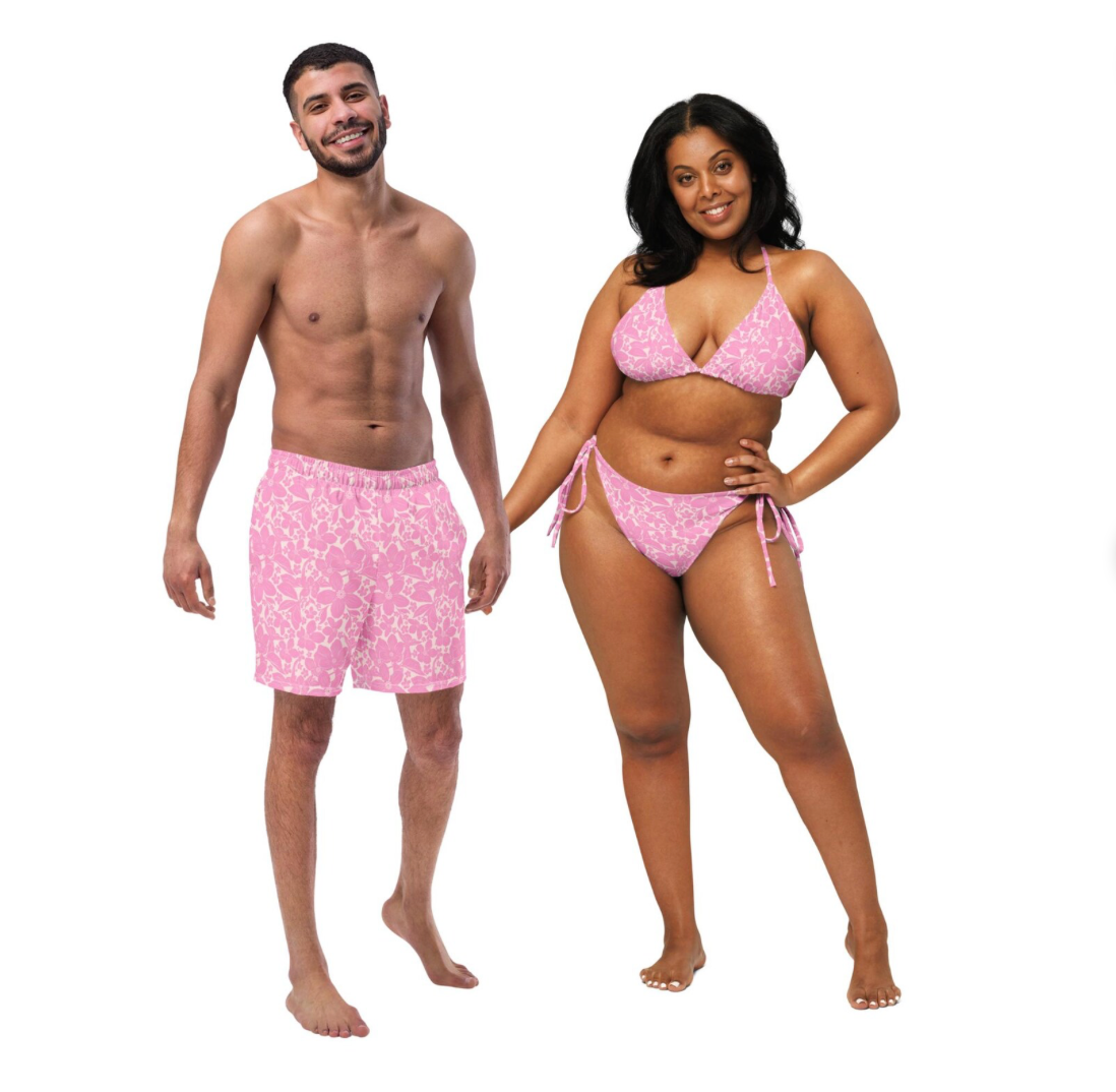 Romantic Floral Couples Swimwear - His &amp; Hers Tropical Beach Honeymoon Matching Bathing Suits.