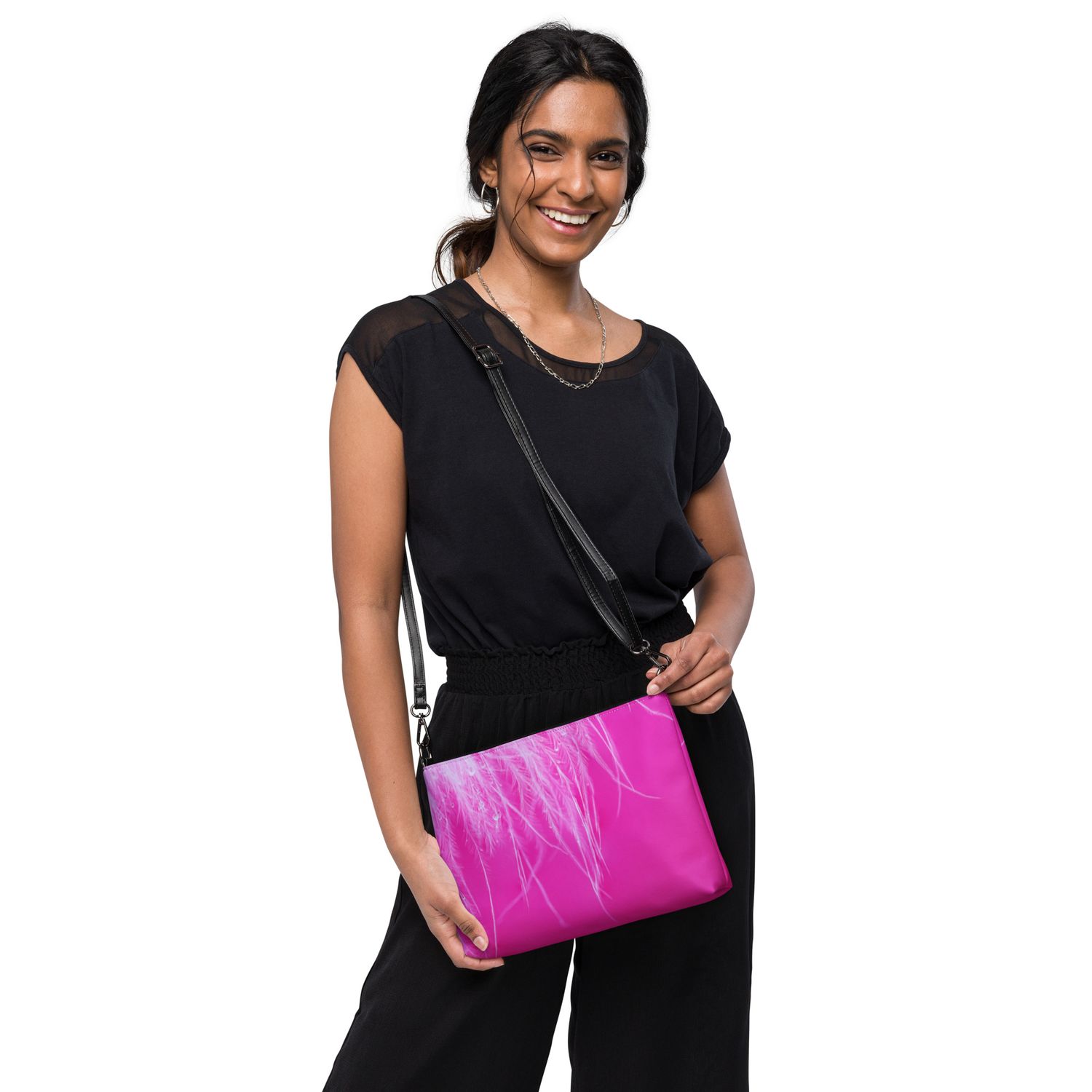 Hot Pink Feather Crossbody Bag – Faux Leather Convertible Purse with Wrist Strap – Bold Statement Bag for Travel, Events &amp; Everyday