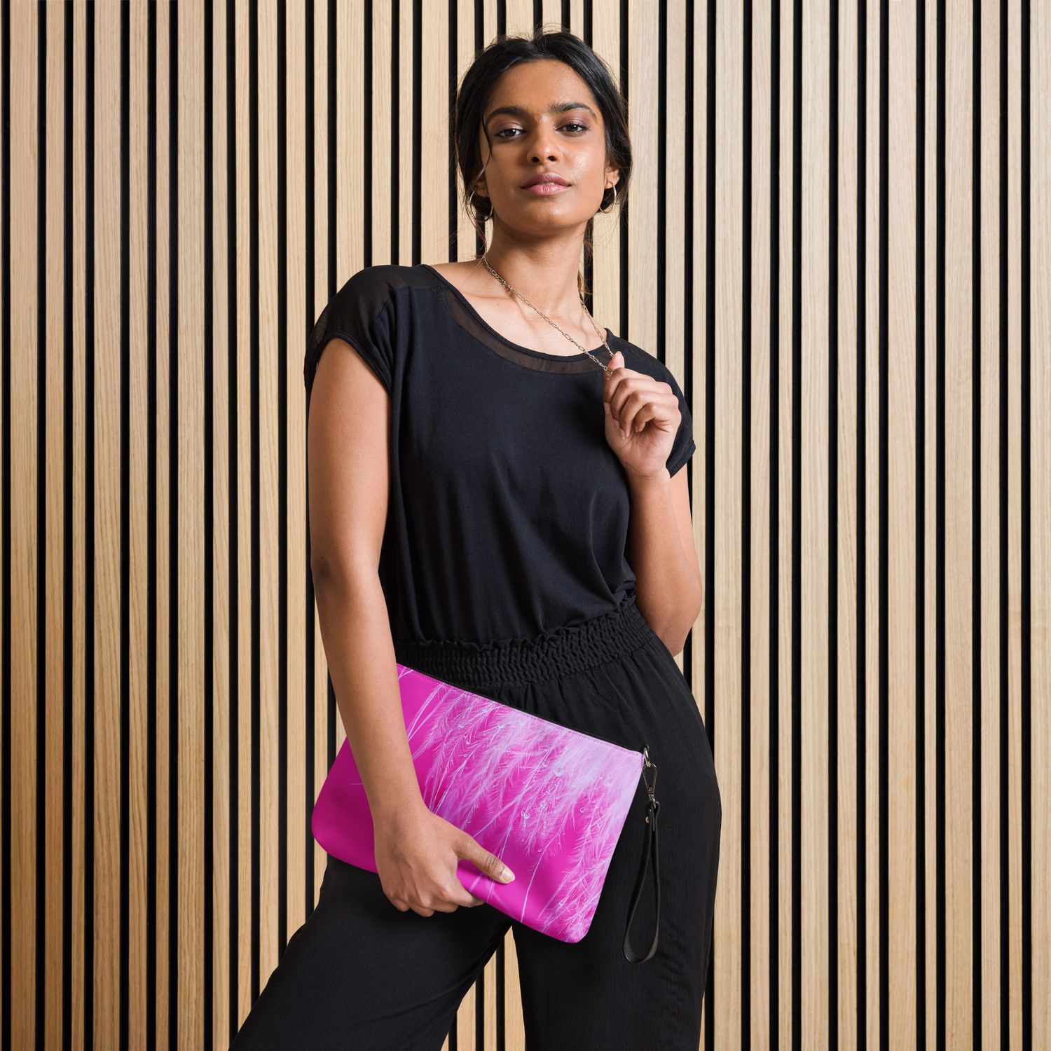 Hot Pink Feather Crossbody Bag – Faux Leather Convertible Purse with Wrist Strap – Bold Statement Bag for Travel, Events &amp; Everyday