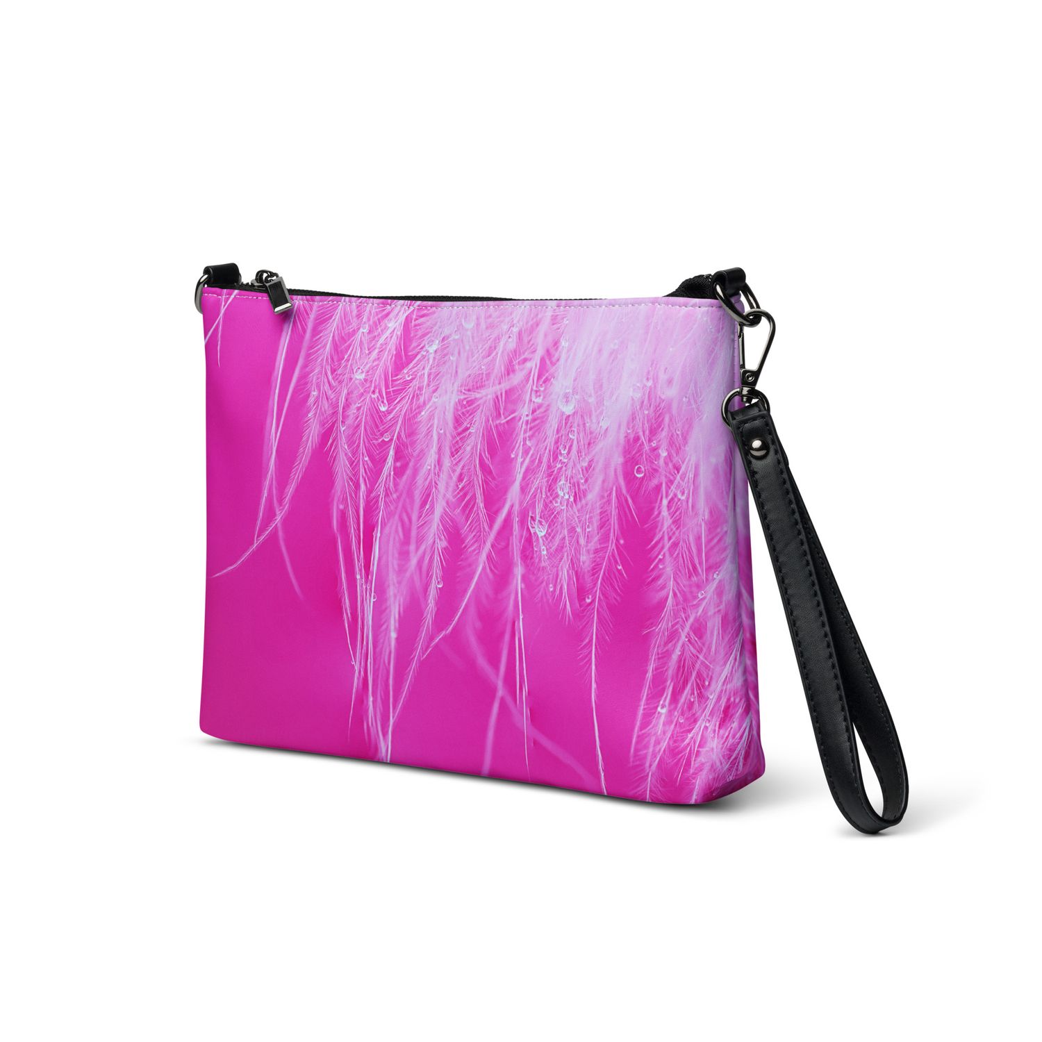 Hot Pink Feather Crossbody Bag – Faux Leather Convertible Purse with Wrist Strap – Bold Statement Bag for Travel, Events &amp; Everyday