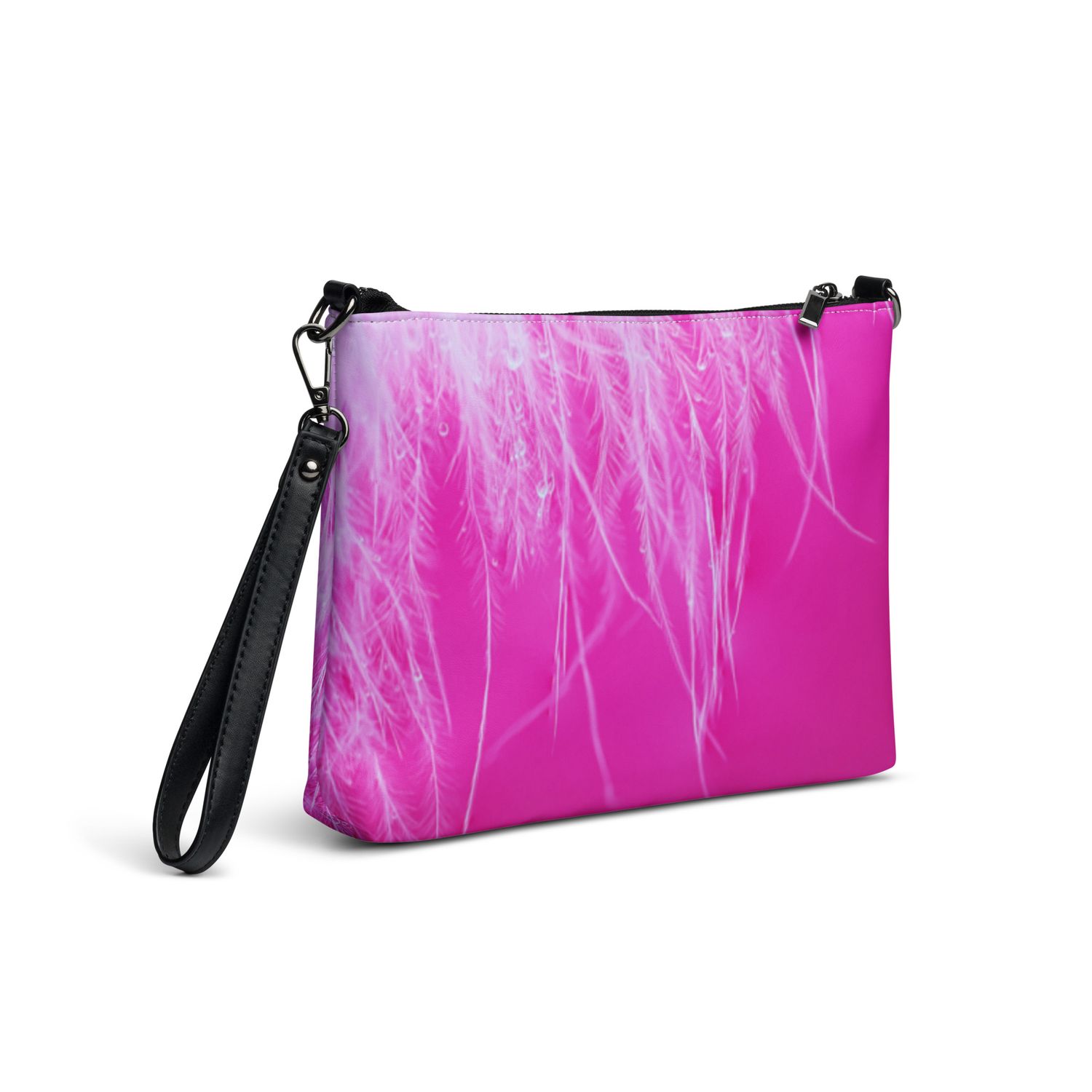 Hot Pink Feather Crossbody Bag – Faux Leather Convertible Purse with Wrist Strap – Bold Statement Bag for Travel, Events &amp; Everyday