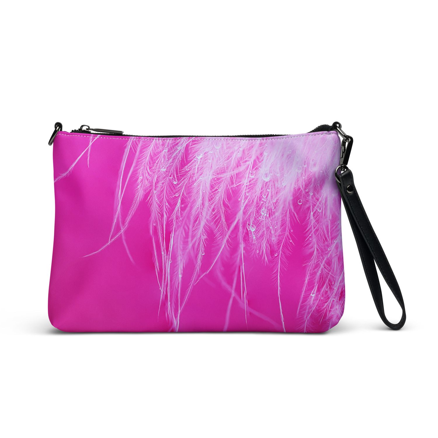 Hot Pink Feather Crossbody Bag – Faux Leather Convertible Purse with Wrist Strap – Bold Statement Bag for Travel, Events &amp; Everyday