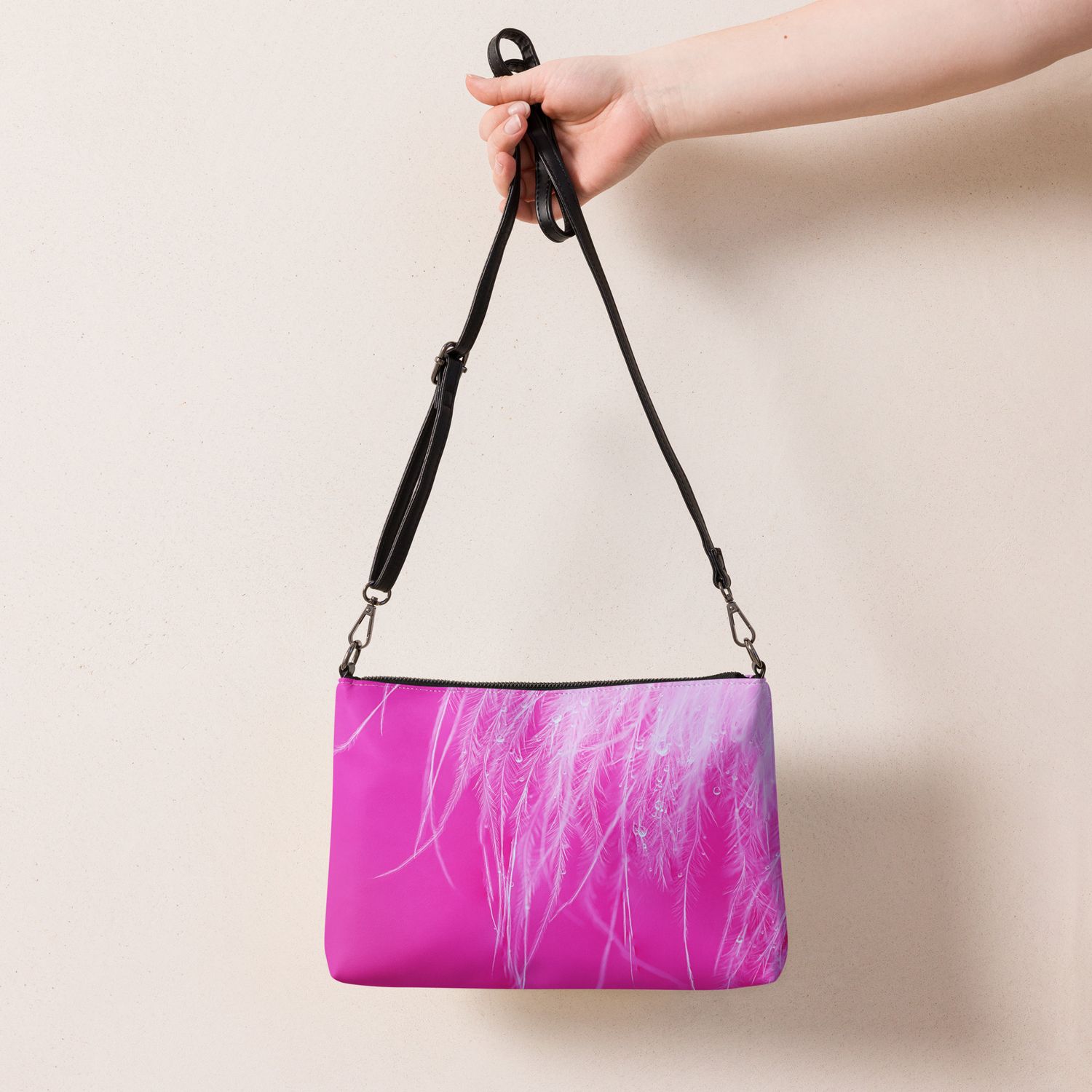 Hot Pink Feather Crossbody Bag – Faux Leather Convertible Purse with Wrist Strap – Bold Statement Bag for Travel, Events &amp; Everyday