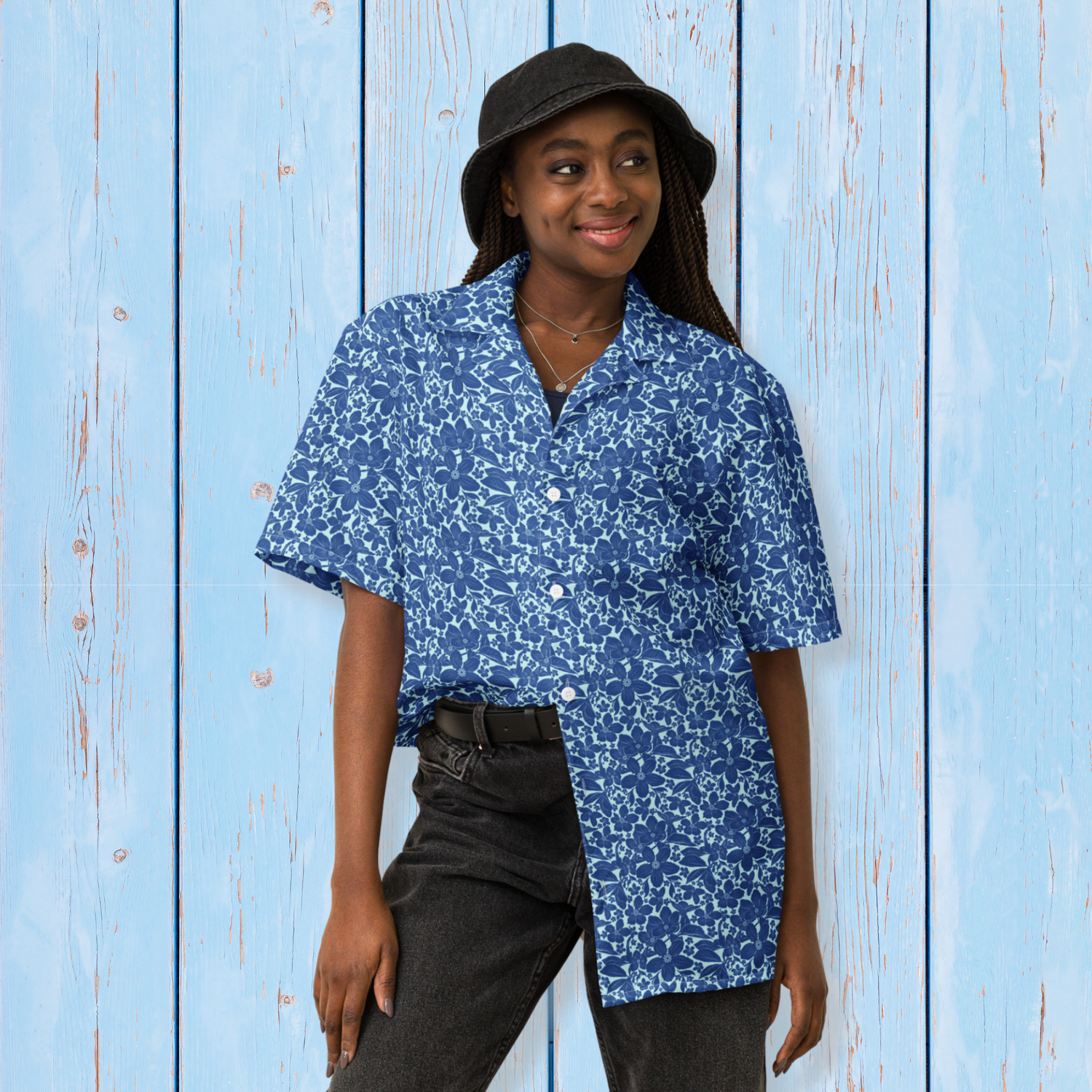 Unisex Oversized Blue Floral Button Down Shirt