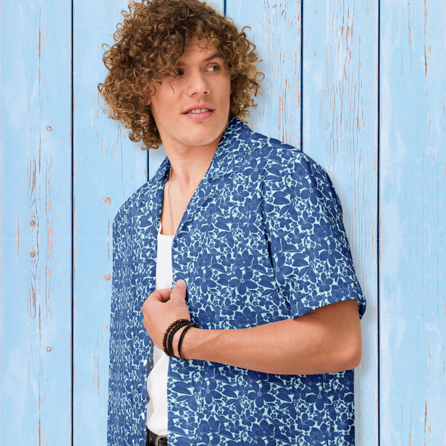 Unisex Oversized Blue Floral Button Down Shirt
