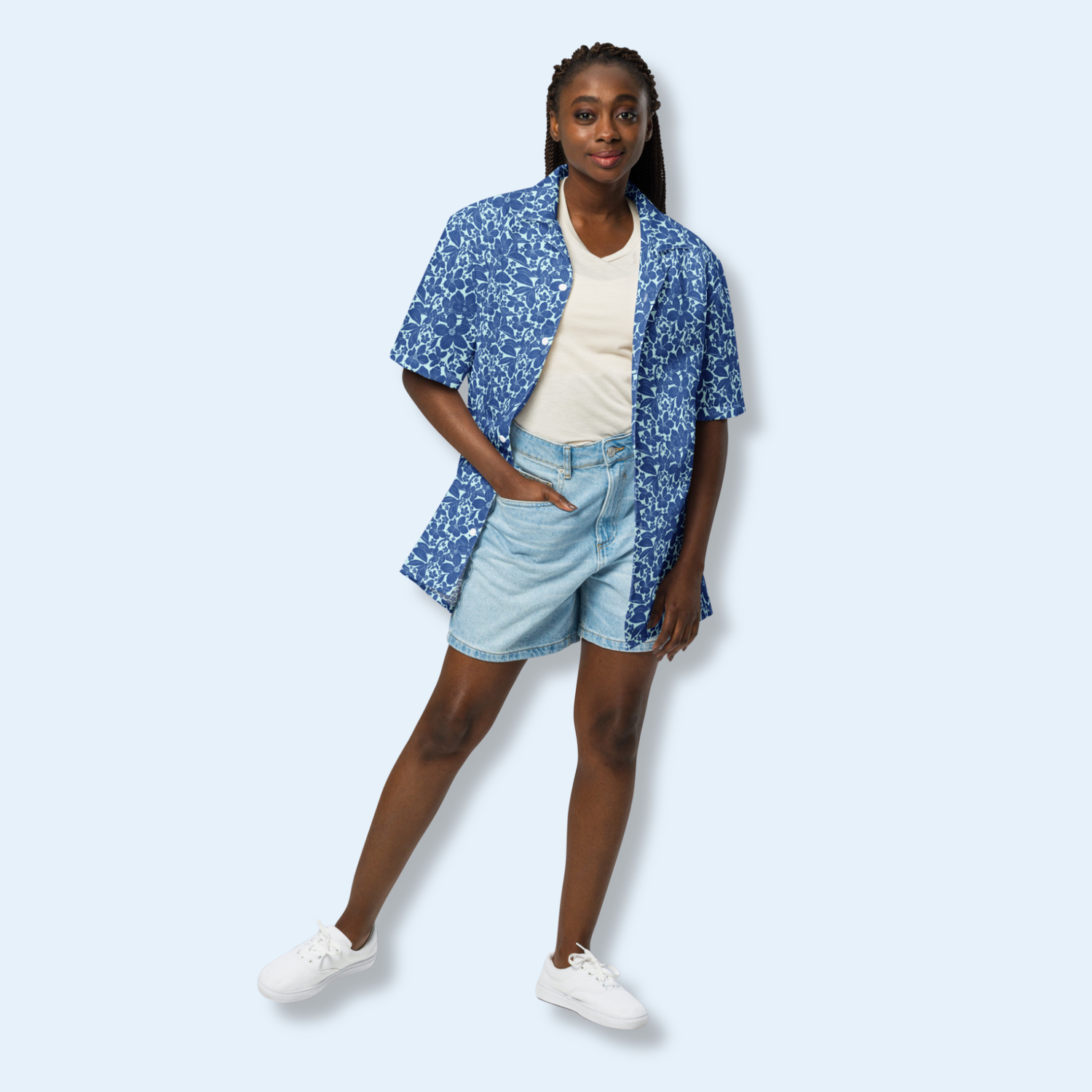 Unisex Oversized Blue Floral Button Down Shirt