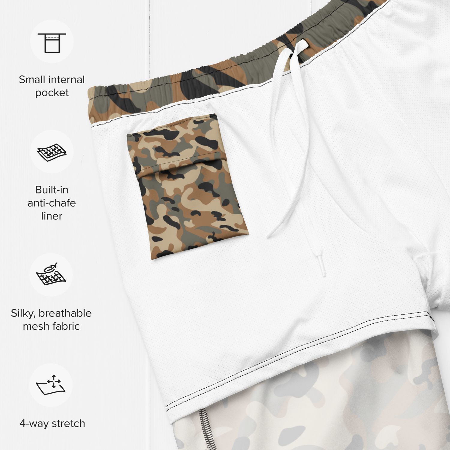 Men&#39;s Army Camo Swim Trunks with Four Way Stretch. Quick-Dry, Recycled Fabric, UPF 50+