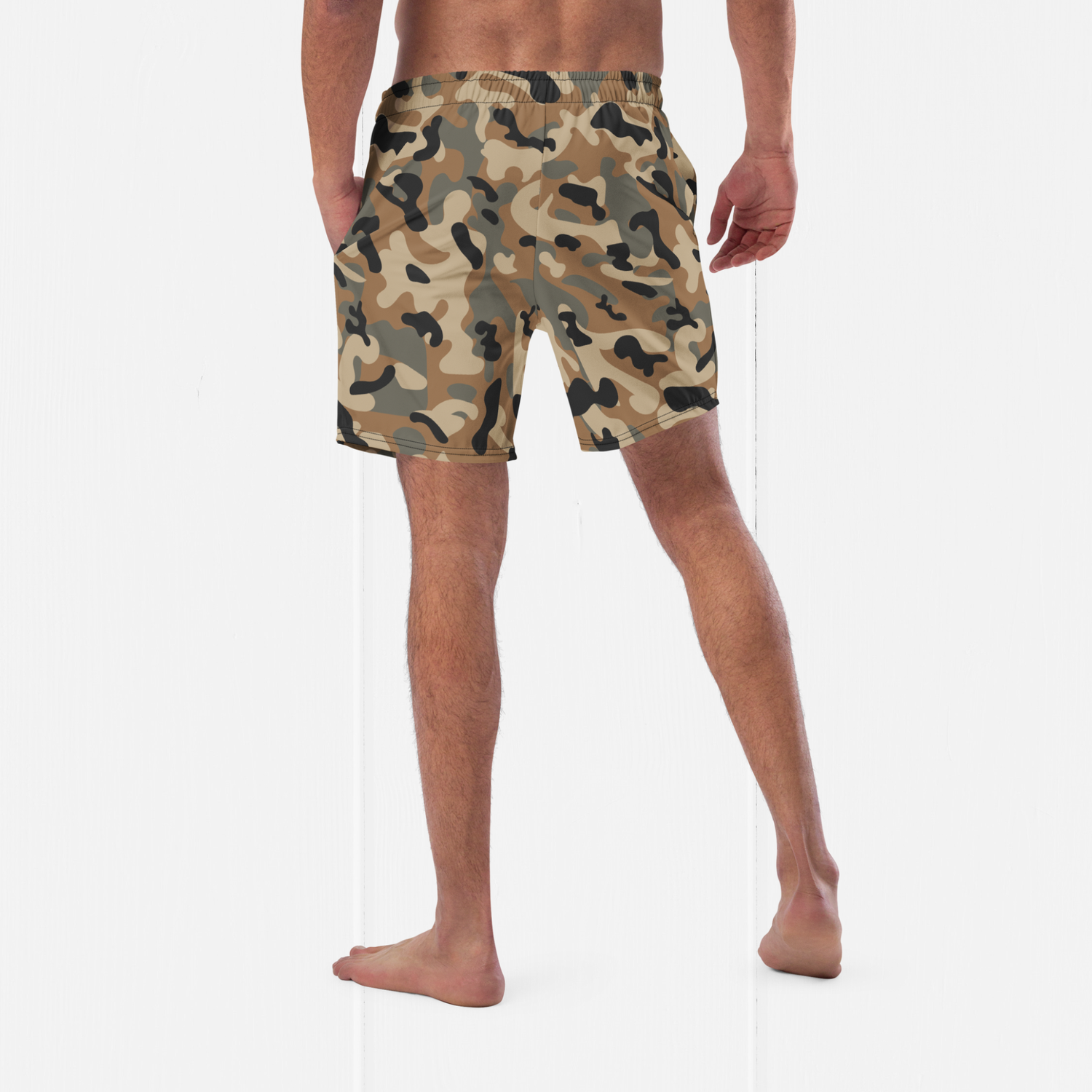 Men&#39;s Army Camo Swim Trunks with Four Way Stretch. Quick-Dry, Recycled Fabric, UPF 50+