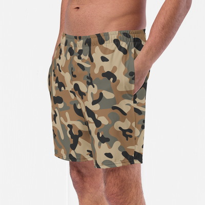 Men&#39;s Army Camo Swim Trunks with Four Way Stretch. Quick-Dry, Recycled Fabric, UPF 50+