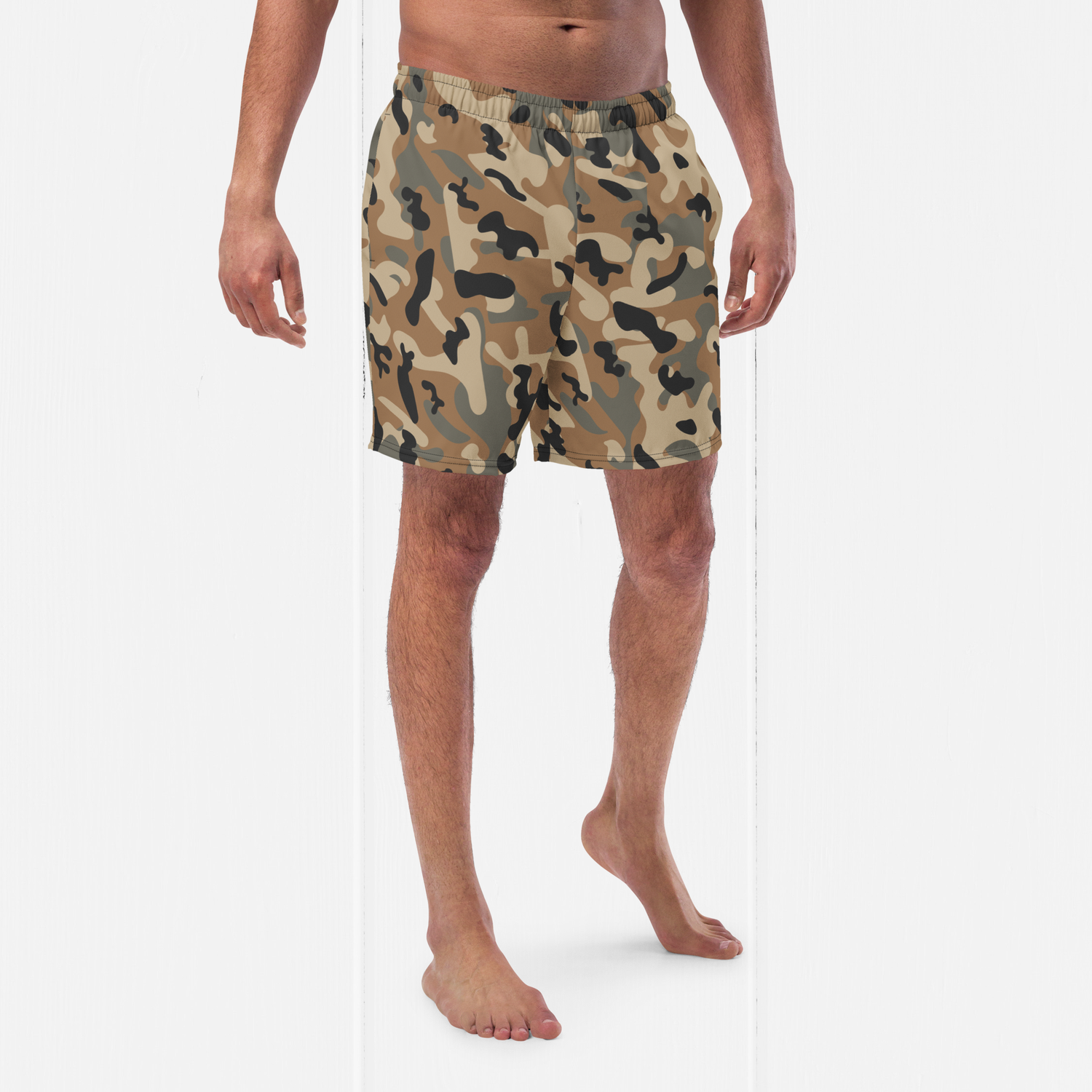 Men&#39;s Army Camo Swim Trunks with Four Way Stretch. Quick-Dry, Recycled Fabric, UPF 50+