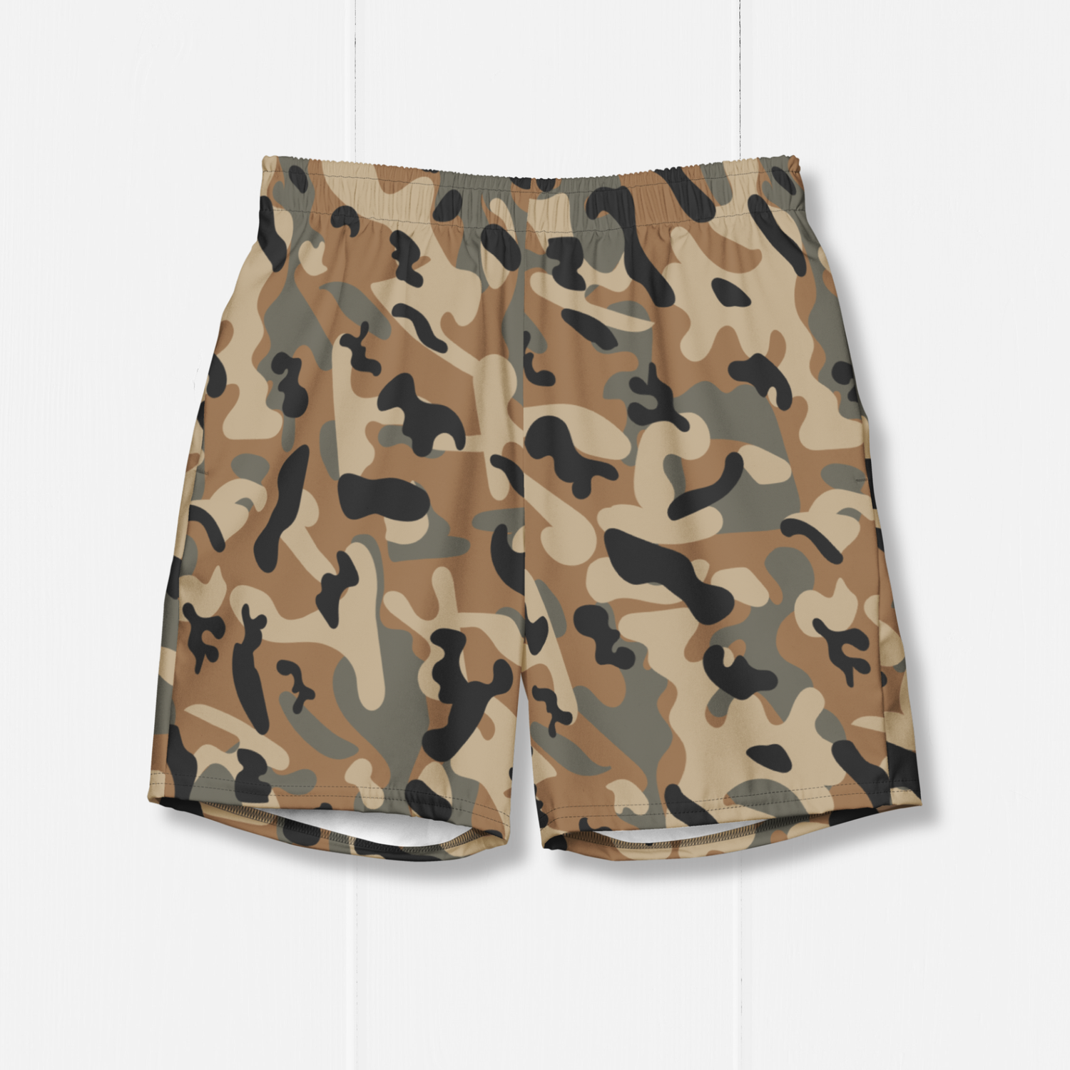 Men&#39;s Army Camo Swim Trunks with Four Way Stretch. Quick-Dry, Recycled Fabric, UPF 50+