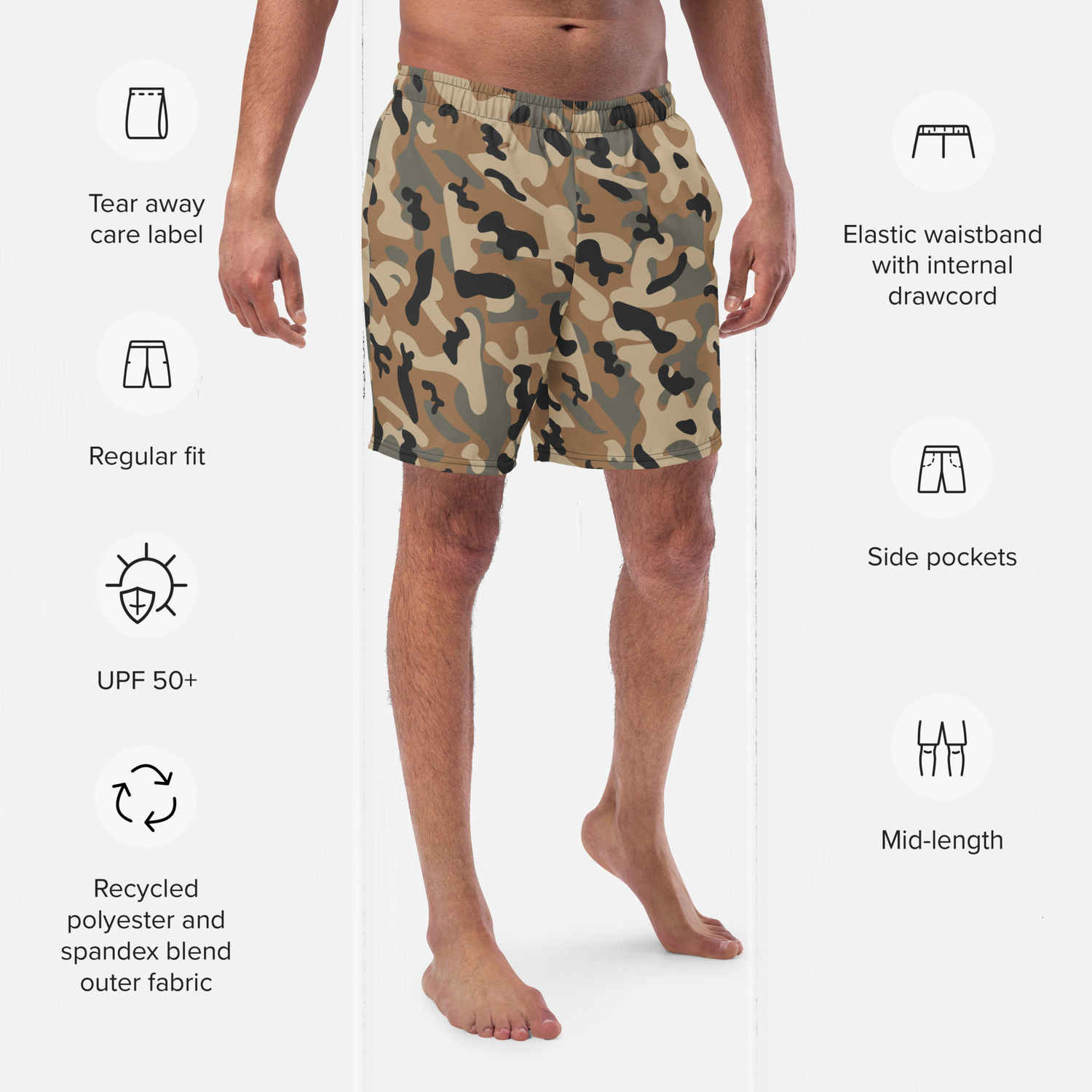 Men&#39;s Army Camo Swim Trunks with Four Way Stretch. Quick-Dry, Recycled Fabric, UPF 50+