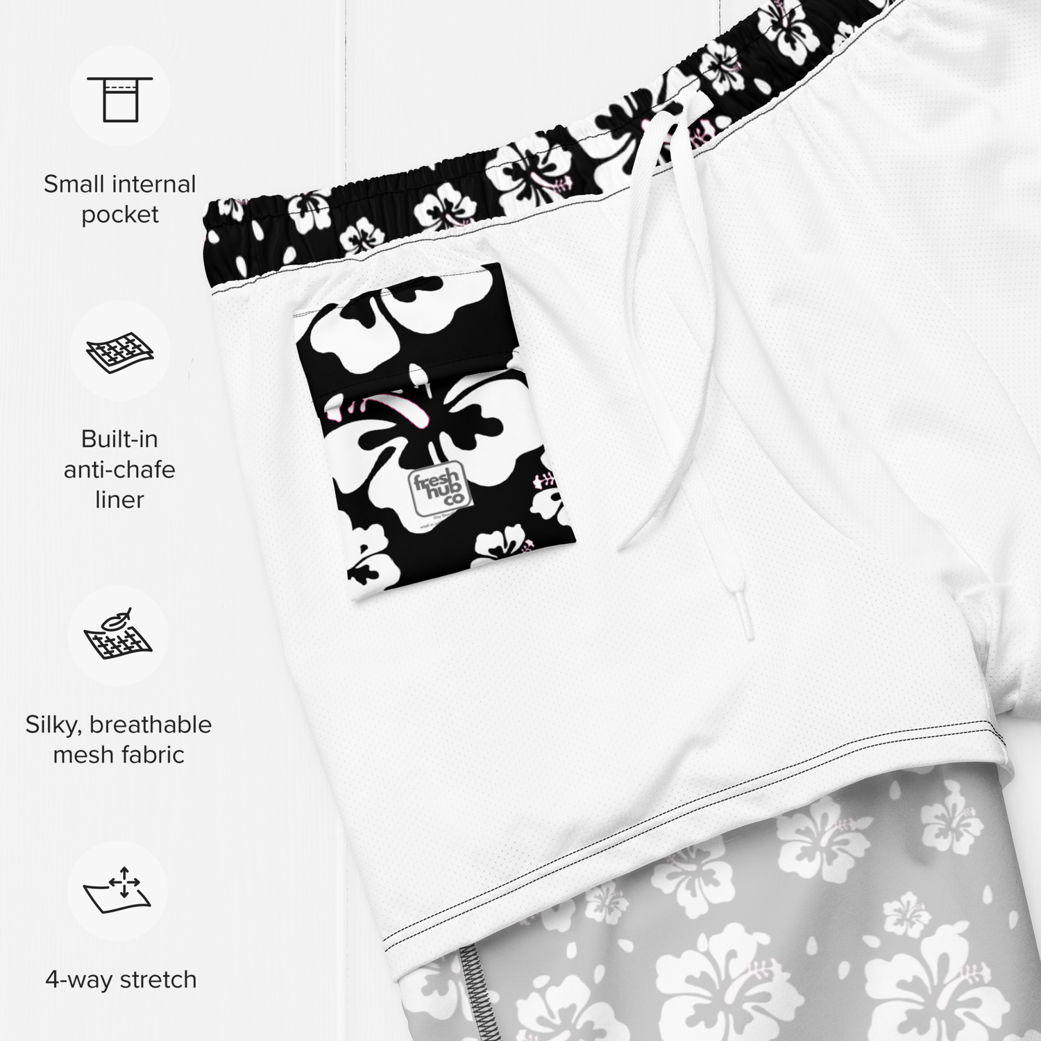 Men’s Floral Anti-Chafe Swim Trunks. 4 Way Stretch UPF 50+